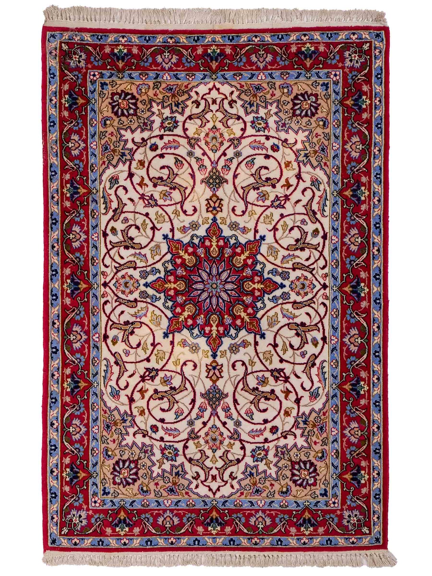 Sehr feiner, handgeknüpfter Isfahan Perserteppich aus Wolle mit Seide von Khademi. Farbe: Cremeweiß, rot. Größe: 100 x 65 cm. Vertrieb durch JUPITER Intl.