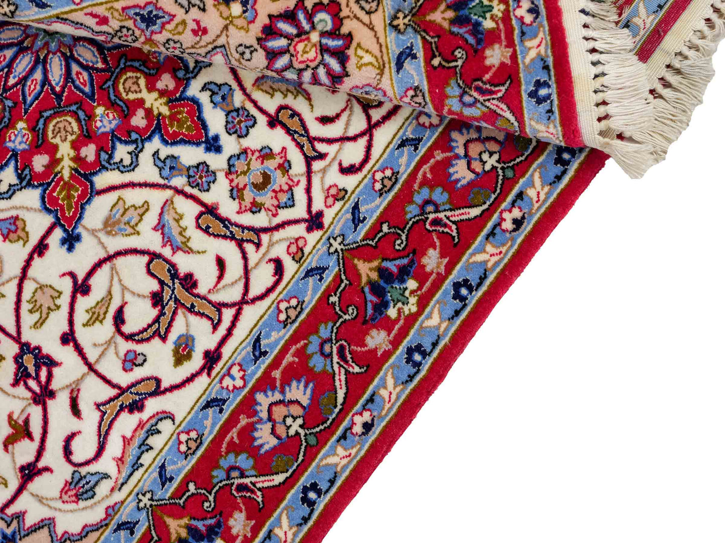 Sehr feiner, handgeknüpfter Isfahan Perserteppich aus Wolle mit Seide von Khademi. Farbe: Cremeweiß, rot. Größe: 100 x 65 cm. Vertrieb durch JUPITER Intl.