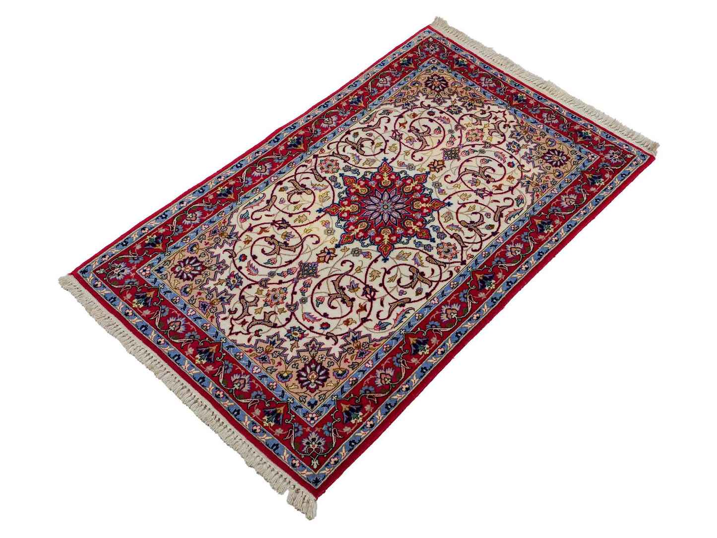 Sehr feiner, handgeknüpfter Isfahan Perserteppich aus Wolle mit Seide von Khademi. Farbe: Cremeweiß, rot. Größe: 100 x 65 cm. Vertrieb durch JUPITER Intl.