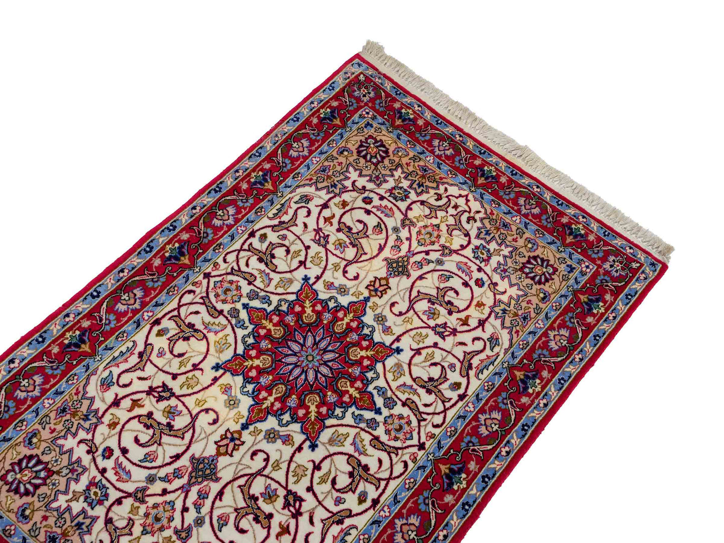 Sehr feiner, handgeknüpfter Isfahan Perserteppich aus Wolle mit Seide von Khademi. Farbe: Cremeweiß, rot. Größe: 100 x 65 cm. Vertrieb durch JUPITER Intl.
