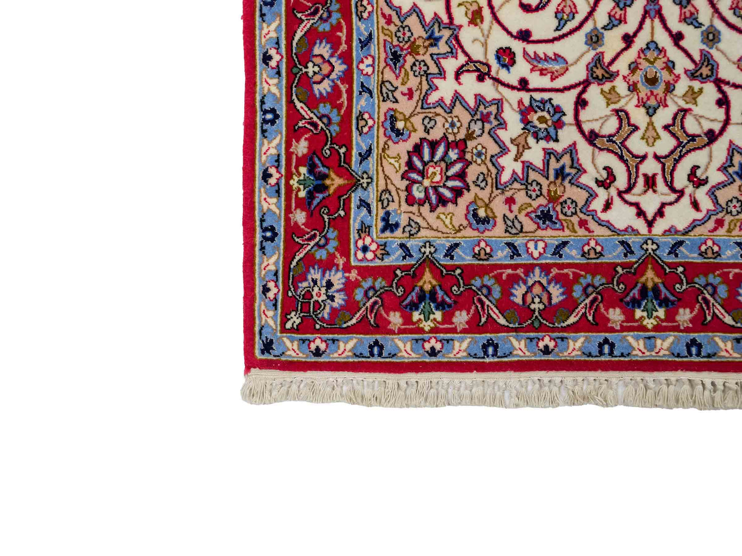 Sehr feiner, handgeknüpfter Isfahan Perserteppich aus Wolle mit Seide von Khademi. Farbe: Cremeweiß, rot. Größe: 100 x 65 cm. Vertrieb durch JUPITER Intl.