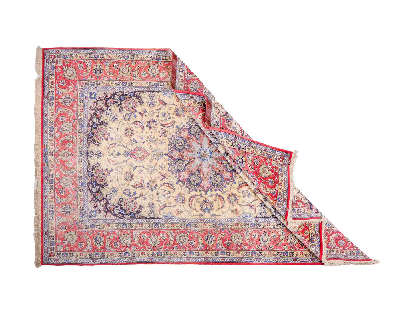 Sehr feiner, handgeknüpfter Isfahan Perserteppich aus Wolle und Seide mit Seidenkette von Khademi. Größe: 243 x 153 cm. Farbe: Weiß, creme, rot, blau. Verkauf durch JUPITER Intl.