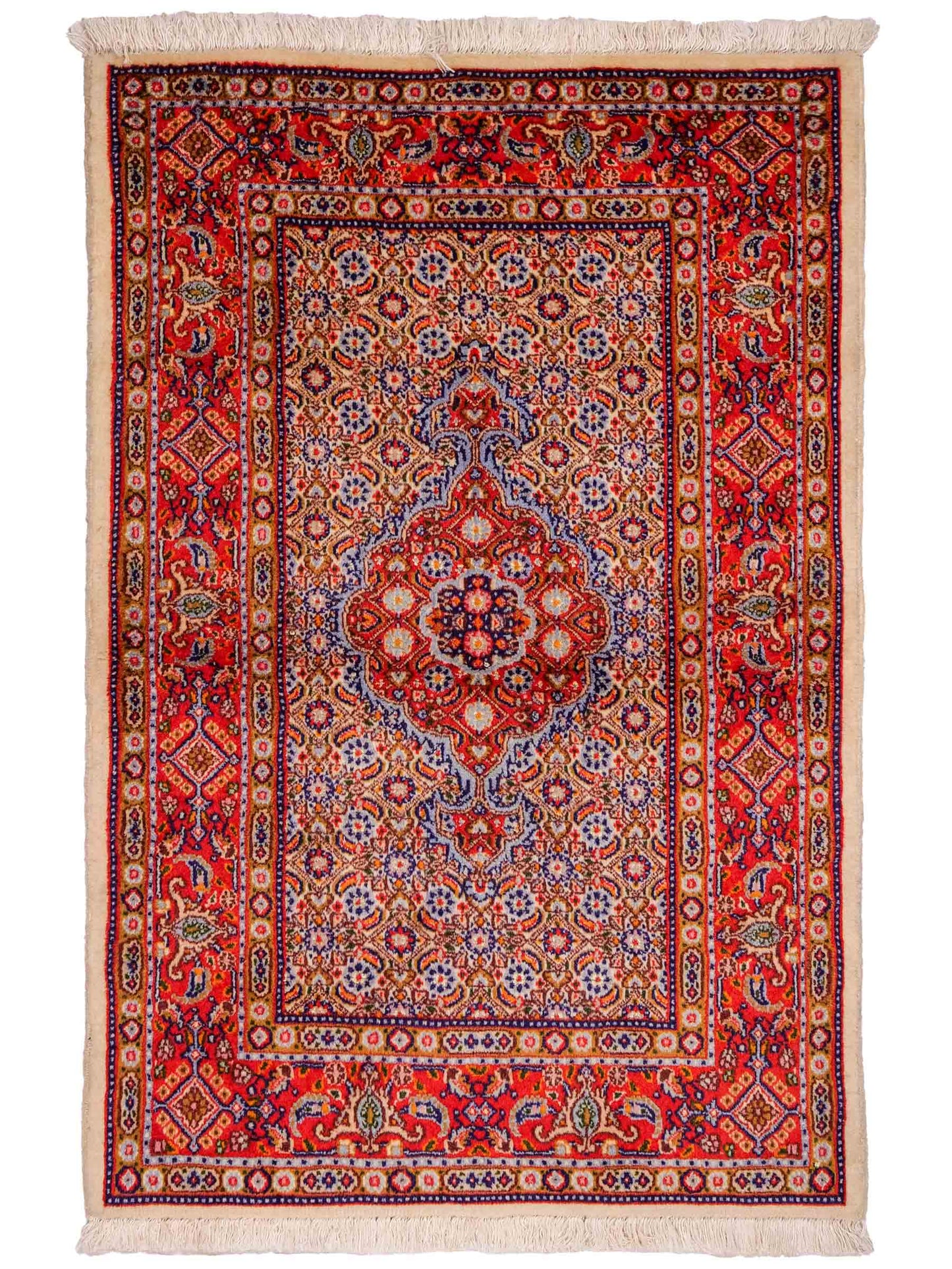 Feiner, handgeknüpfter Moud Perserteppich aus reiner Wolle mit Medaillon von Khademi. Größe: 121 x 81 cm. Farbe: Rot, creme. RB3-12. Ursprung: Iran / Persien. Verkauf durch JUPITER Intl.