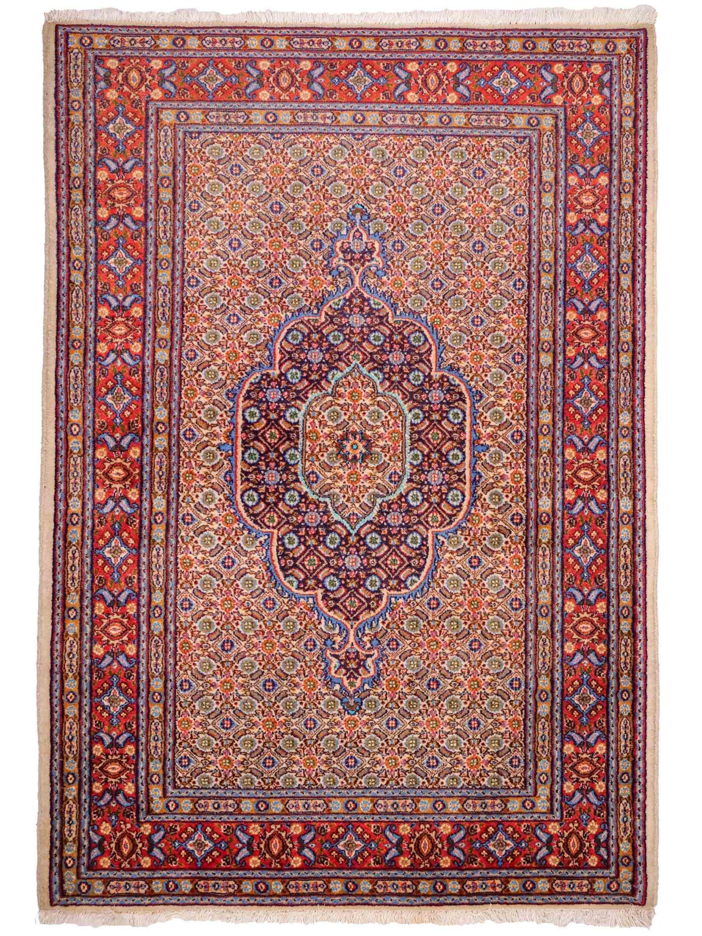 Feiner, handgeknüpfter Moud Perserteppich aus reiner Wolle mit Medaillon von Khademi. Größe: 145 x 100 cm. Farbe: Rot, creme. RB3-11B. Ursprung: Iran / Persien. Verkauf durch JUPITER Intl.