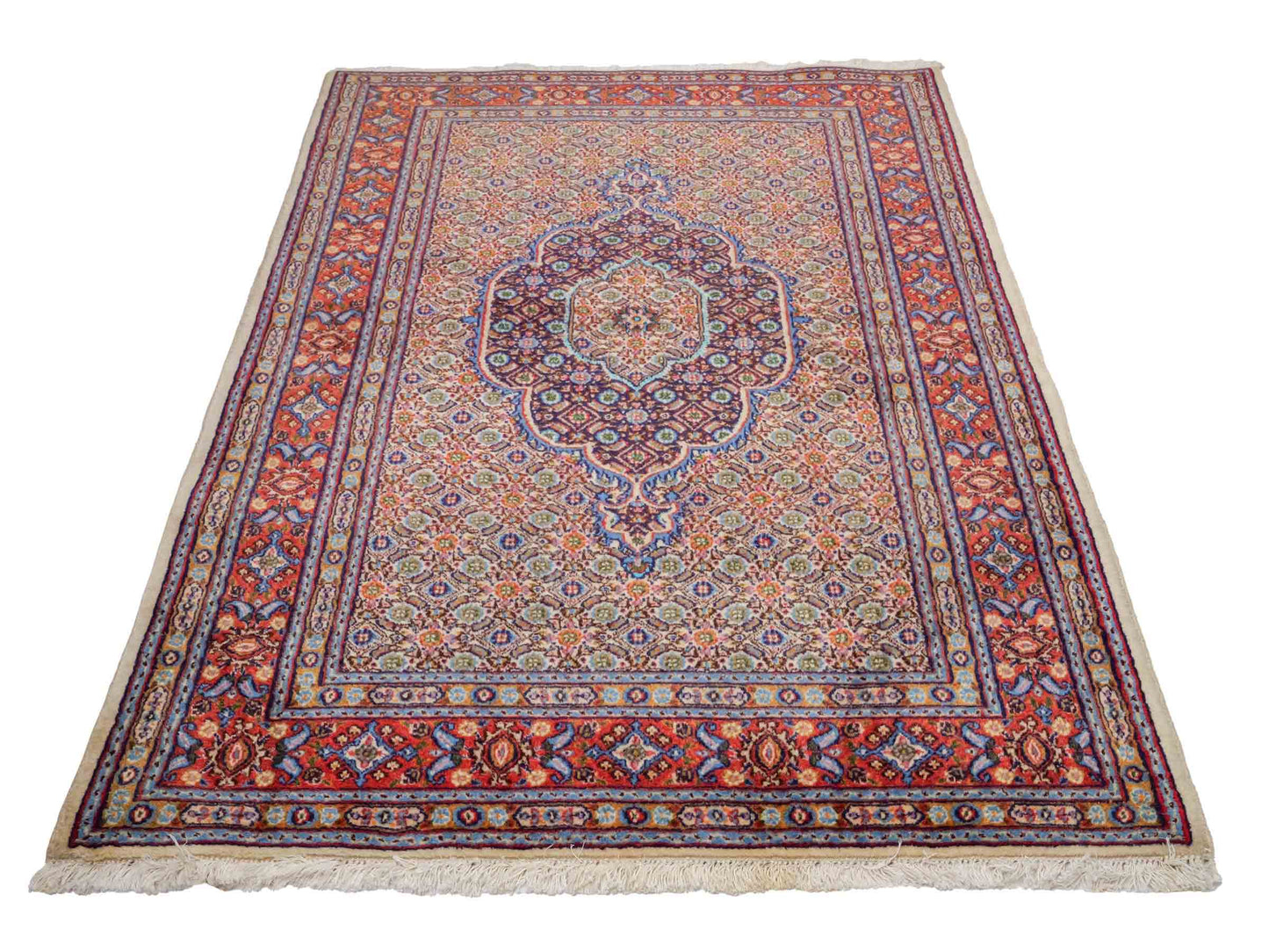 Feiner, handgeknüpfter Moud Perserteppich aus reiner Wolle mit Medaillon von Khademi. Größe: 145 x 100 cm. Farbe: Rot, creme. RB3-11B. Ursprung: Iran / Persien. Verkauf durch JUPITER Intl.