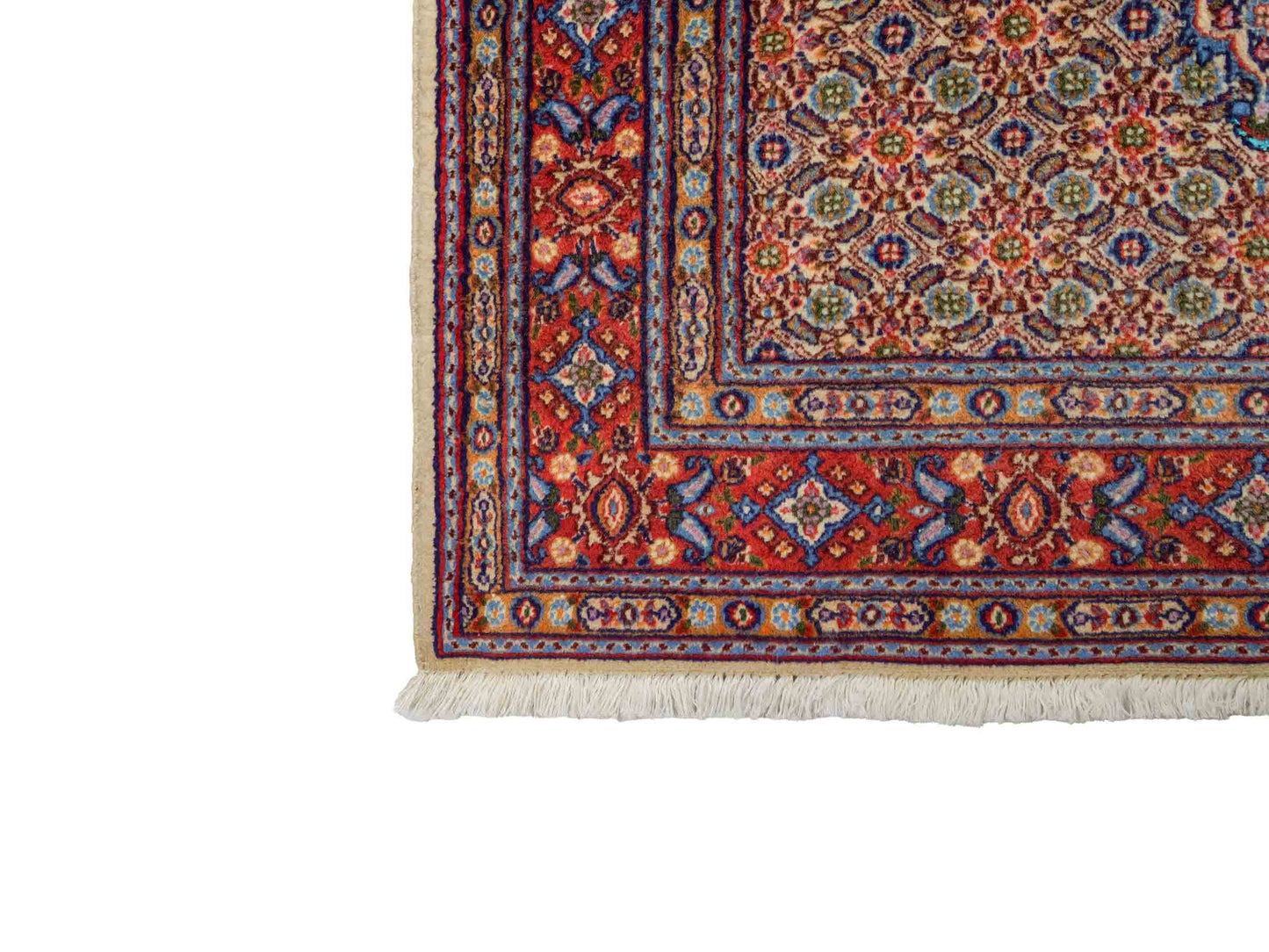 Feiner, handgeknüpfter Moud Perserteppich aus reiner Wolle mit Medaillon von Khademi. Größe: 145 x 100 cm. Farbe: Rot, creme. RB3-11B. Ursprung: Iran / Persien. Verkauf durch JUPITER Intl.