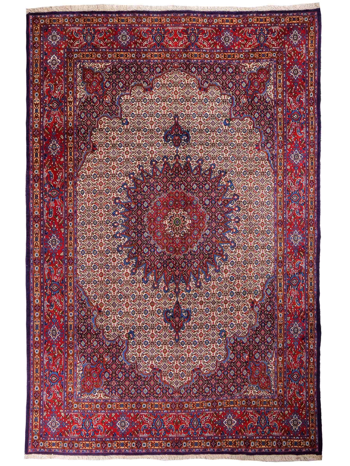 Feiner, hangeknüpfter Moud Perserteppich aus Wolle von Khademi. Größe: 284 x 198 cm. Farbe: Rot, blau, creme. Verkauf durch JUPITER Intl.
