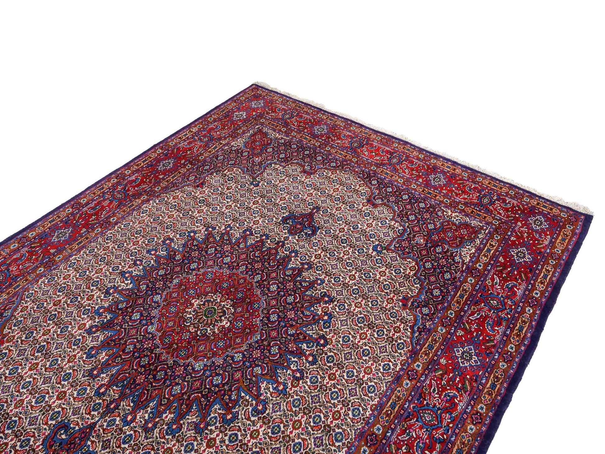Feiner, hangeknüpfter Moud Perserteppich aus Wolle von Khademi. Größe: 284 x 198 cm. Farbe: Rot, blau, creme. Verkauf durch JUPITER Intl.