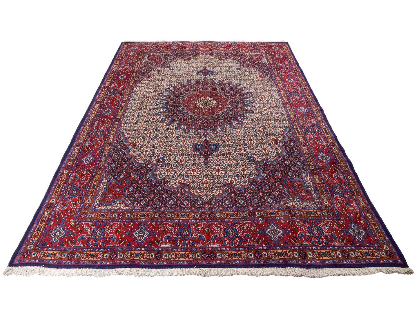 Feiner, hangeknüpfter Moud Perserteppich aus Wolle von Khademi. Größe: 284 x 198 cm. Farbe: Rot, blau, creme. Verkauf durch JUPITER Intl.