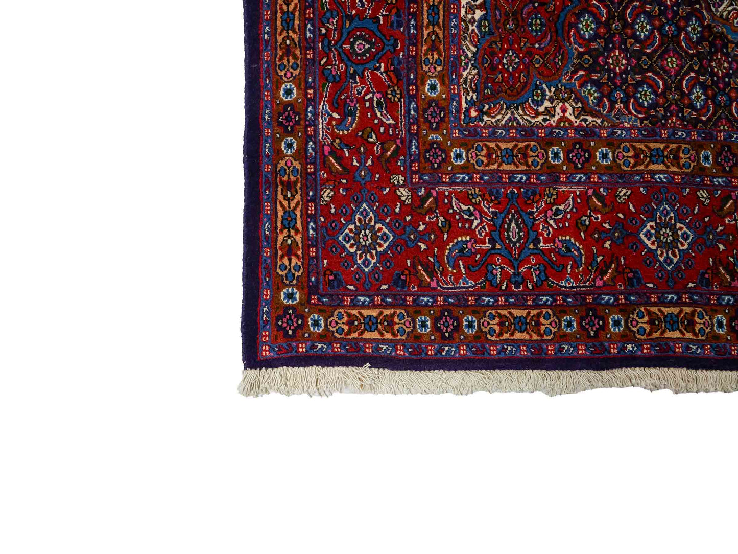 Feiner, hangeknüpfter Moud Perserteppich aus Wolle von Khademi. Größe: 284 x 198 cm. Farbe: Rot, blau, creme. Verkauf durch JUPITER Intl.