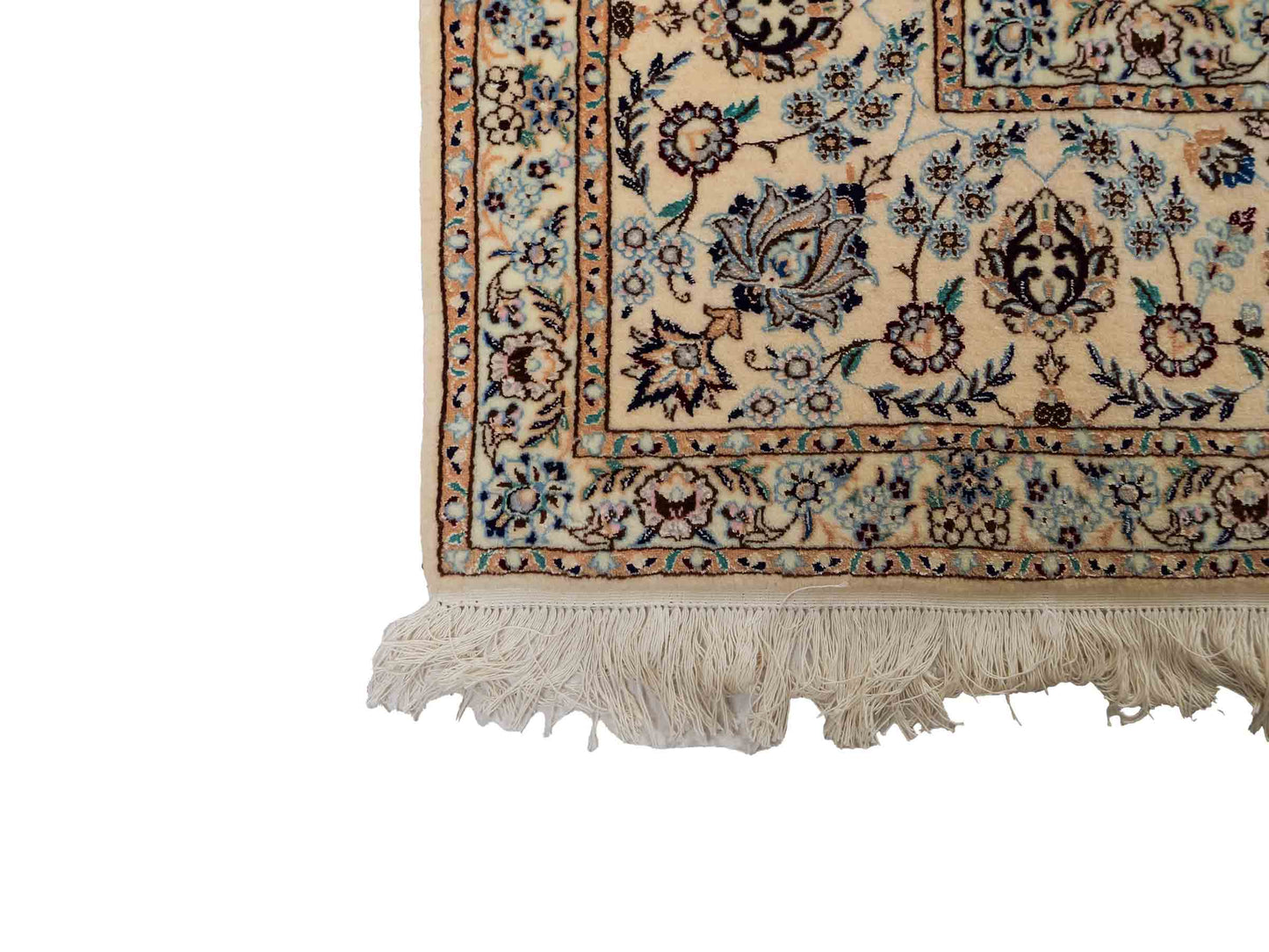 Sehr feiner, handgeknüpfter Nain 6La Perserteppich aus Wolle mit Seide von Khademi. Größe: 303 x 205 cm. Farbe: Weiß, creme, blau. Verkauf durch JUPITER Intl.