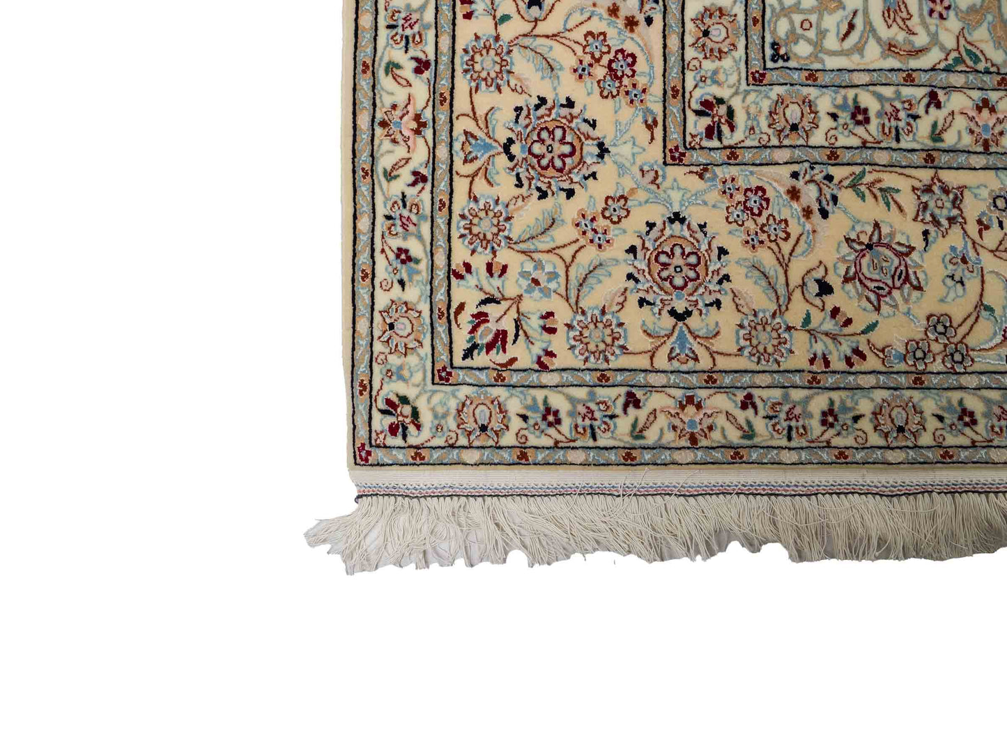 Sehr feiner, handgeknüpfter Nain 6La Perserteppich aus Wolle mit Seide von Khademi. Größe: 304 x 206 cm. Farbe: Weiß, creme, blau. Verkauf durch JUPITER Intl.