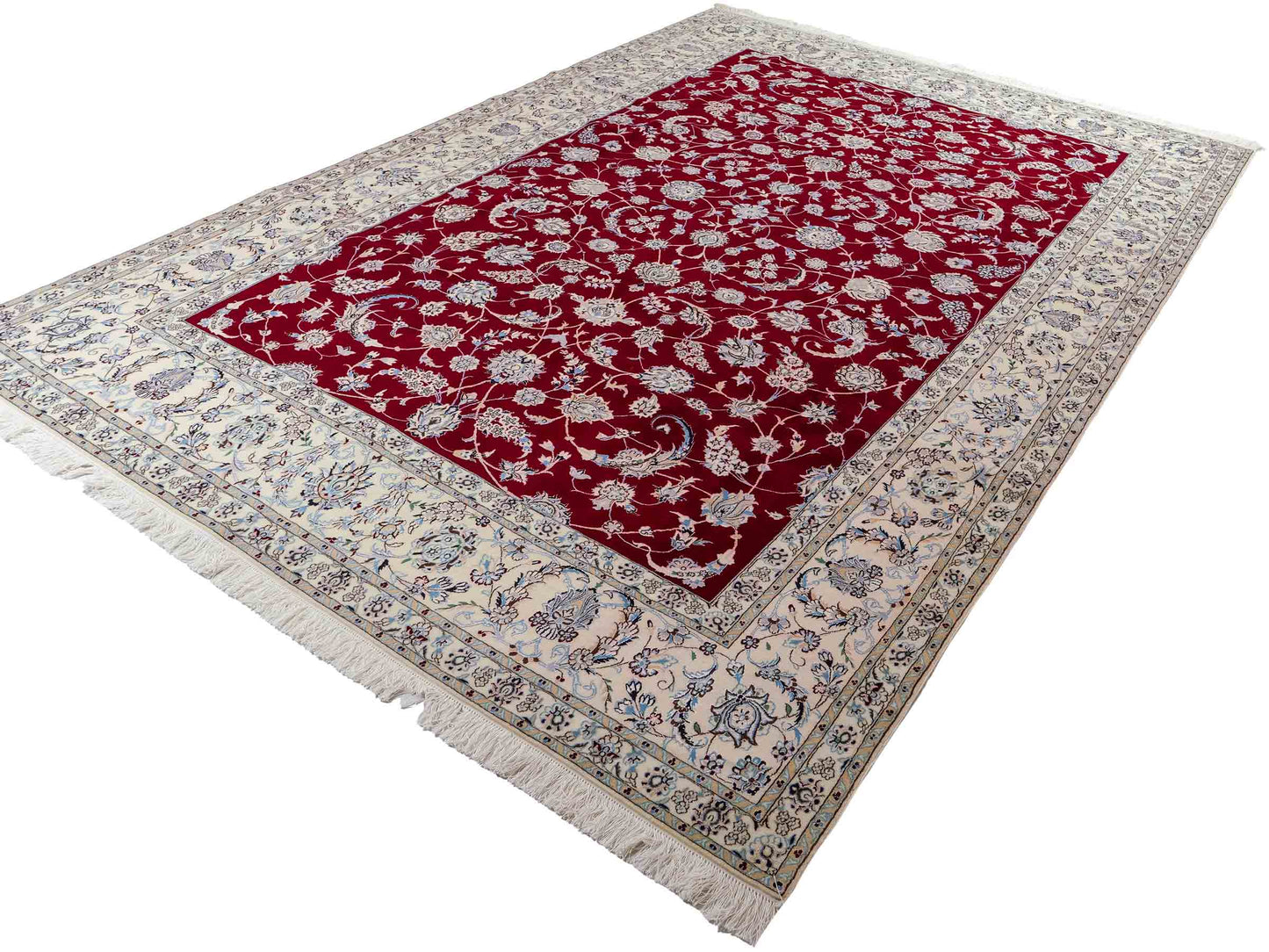 Sehr feiner, handgeknüpfter Nain 6La Perserteppich aus Wolle mit Seide von Khademi. Farbe: Cremeweiß, rot. Größe: 312 x 209 cm. Vertrieb durch JUPITER Intl.