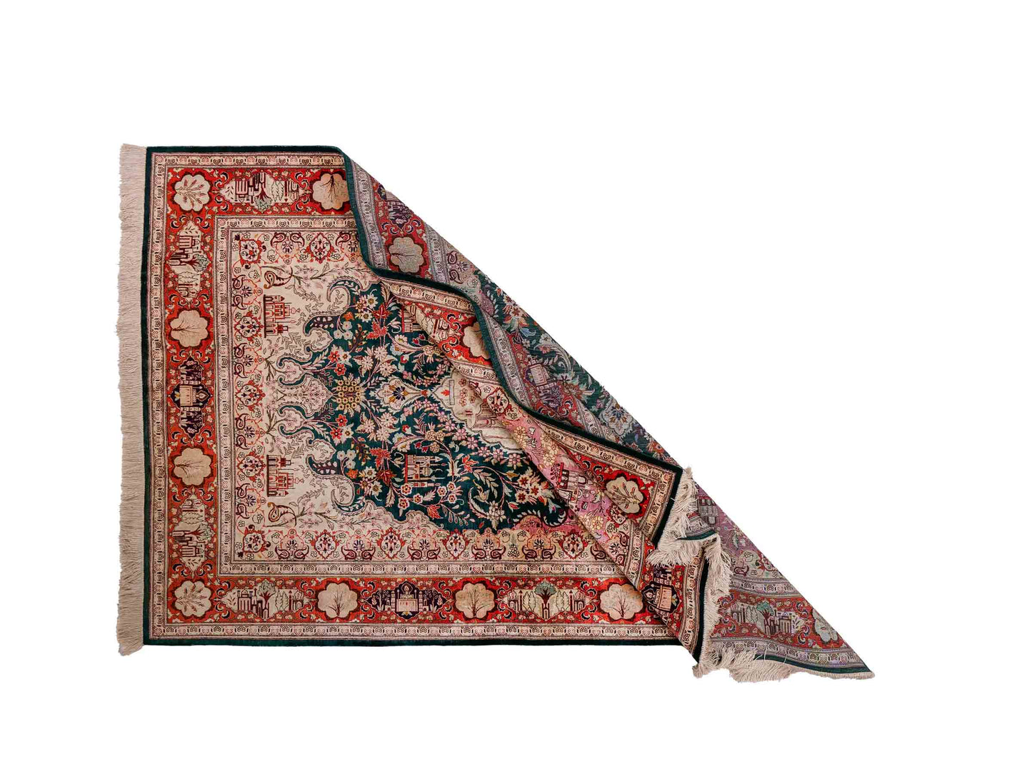 Sehr feiner, handgeknüpfter Ghom Seidenteppich aus reiner Seide mit Medaillon von Khademi. Größe: 198 x 133 cm. Farbe: Grün, orange. RB3-1605. Ursprung: Iran / Persien. Verkauf durch JUPITER Intl.