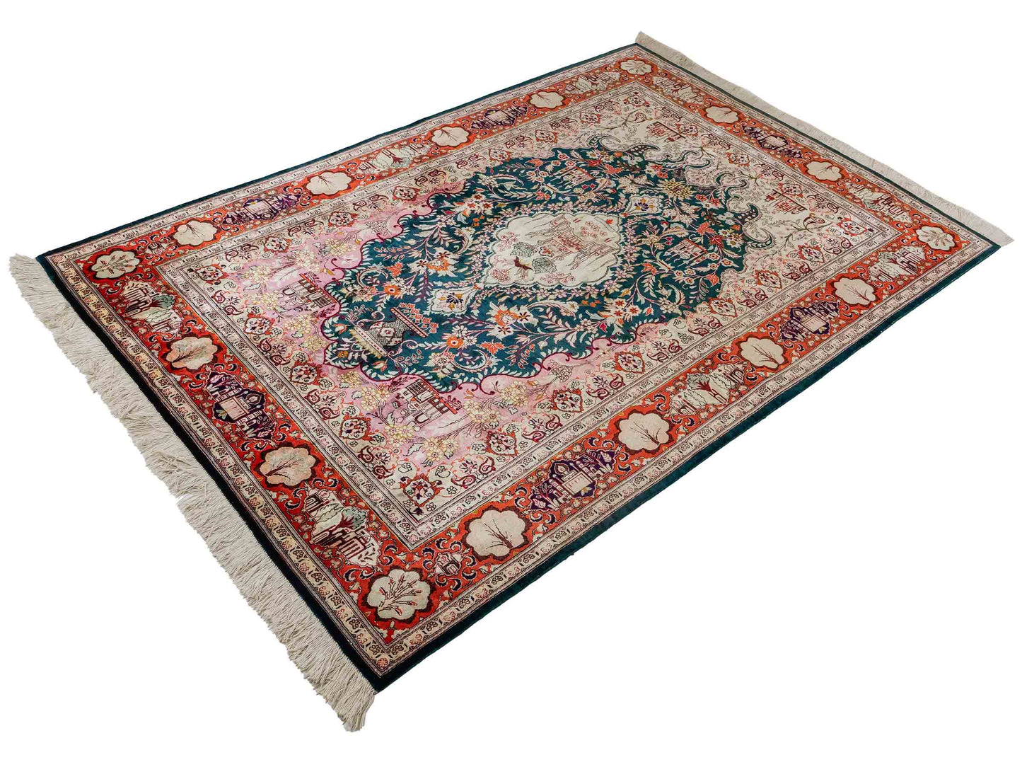 Sehr feiner, handgeknüpfter Ghom Seidenteppich aus reiner Seide mit Medaillon von Khademi. Größe: 198 x 133 cm. Farbe: Grün, orange. RB3-1605. Ursprung: Iran / Persien. Verkauf durch JUPITER Intl.