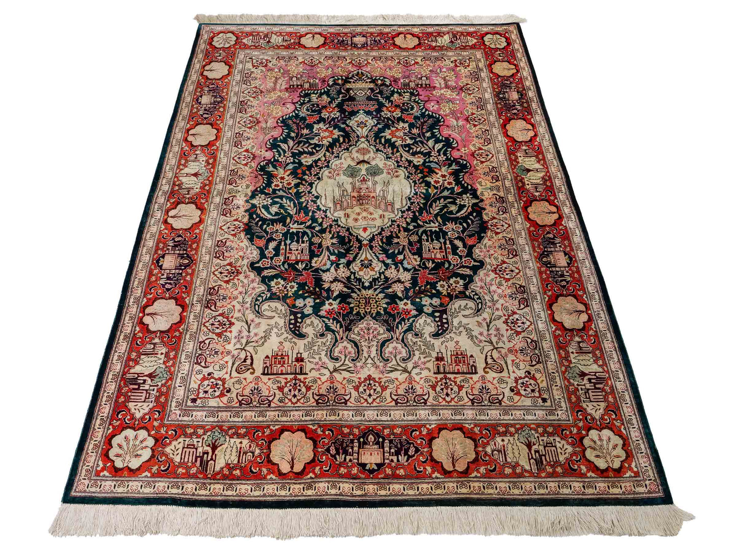 Sehr feiner, handgeknüpfter Ghom Seidenteppich aus reiner Seide mit Medaillon von Khademi. Größe: 198 x 133 cm. Farbe: Grün, orange. RB3-1605. Ursprung: Iran / Persien. Verkauf durch JUPITER Intl.