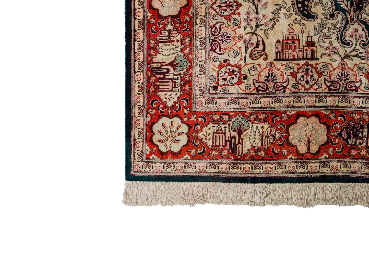 Sehr feiner, handgeknüpfter Ghom Seidenteppich aus reiner Seide mit Medaillon von Khademi. Größe: 198 x 133 cm. Farbe: Grün, orange. RB3-1605. Ursprung: Iran / Persien. Verkauf durch JUPITER Intl.
