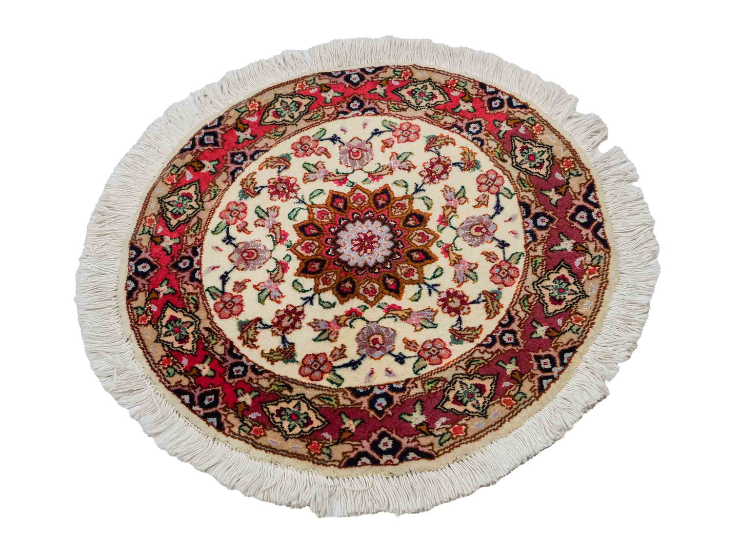 Sehr feiner, handgeknüpfter Täbriz Perserteppich aus Wolle mit Seide von Khademi. Farbe: Cremeweiß, rosa. Größe: 50 x 50 cm. Form: Rund. Vertrieb durch JUPITER Intl.