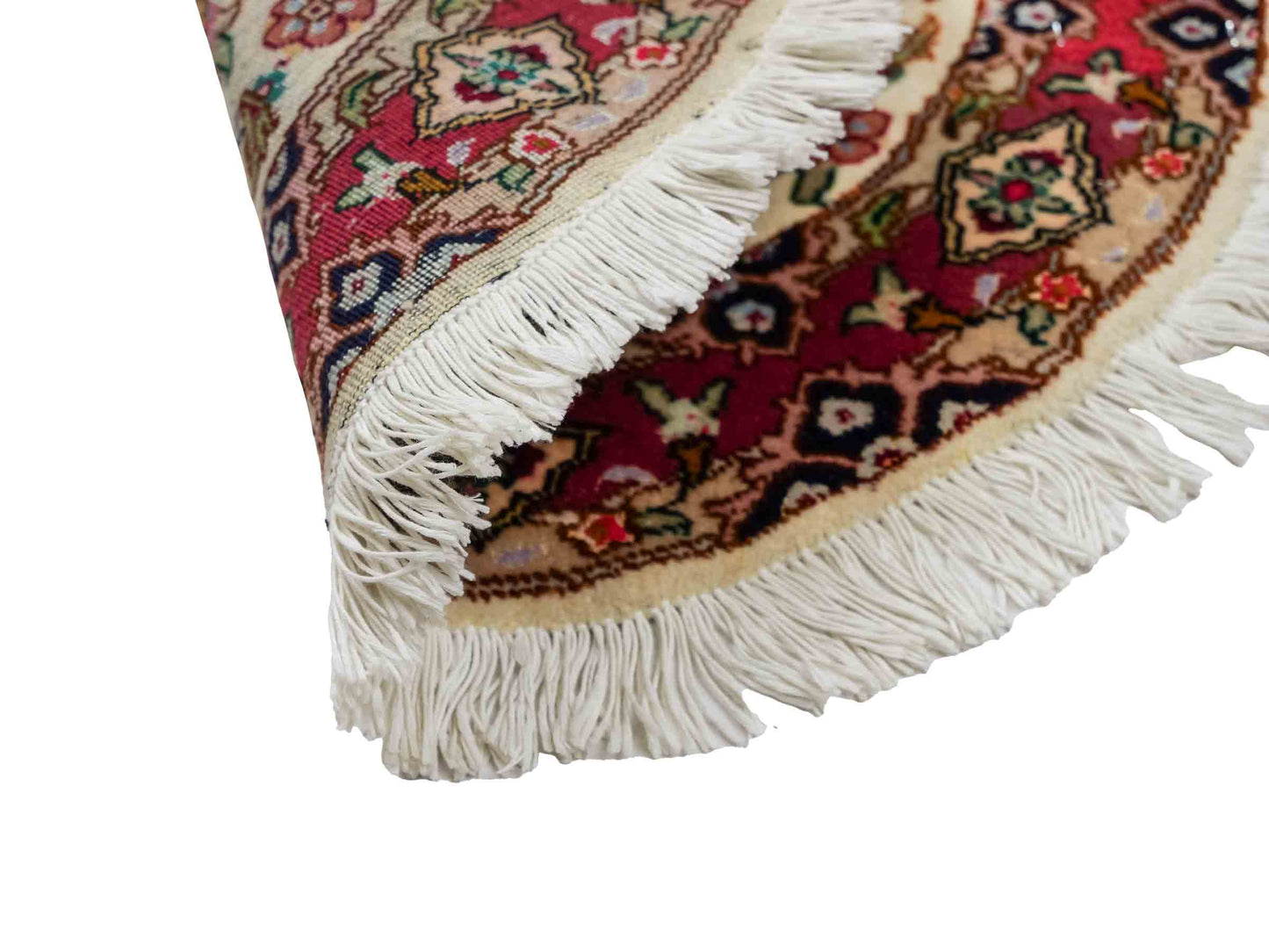 Sehr feiner, handgeknüpfter Täbriz Perserteppich aus Wolle mit Seide von Khademi. Farbe: Cremeweiß, rosa. Größe: 50 x 50 cm. Form: Rund. Vertrieb durch JUPITER Intl.