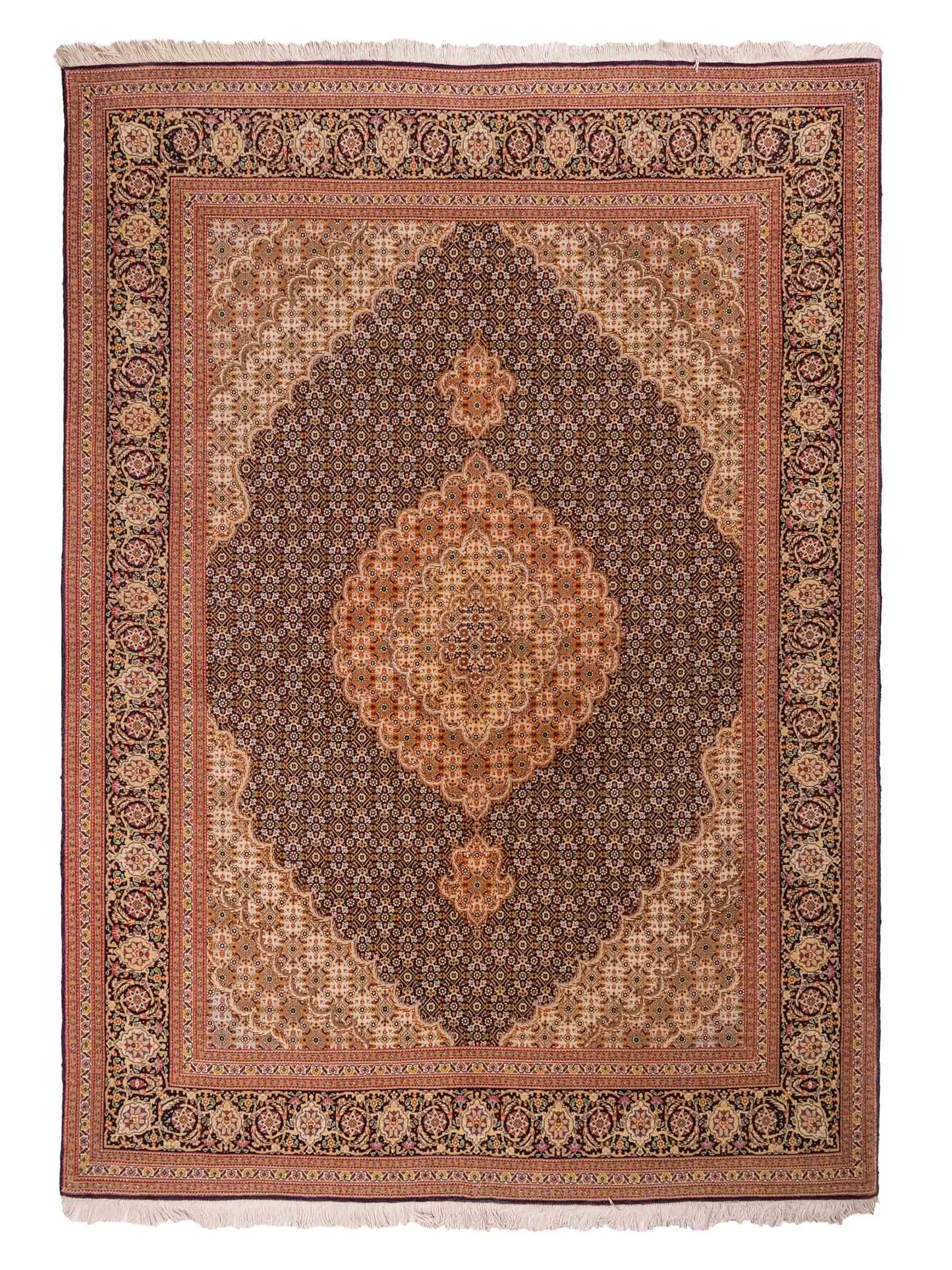 Sehr feiner, handgeknüpfter Täbriz Mahi Perserteppich aus Wolle und Seide mit Medaillon von Khademi. Größe: 220 x 157 cm. Farbe: Blau, braun. RB3-49. Verkauf durch JUPITER Intl.