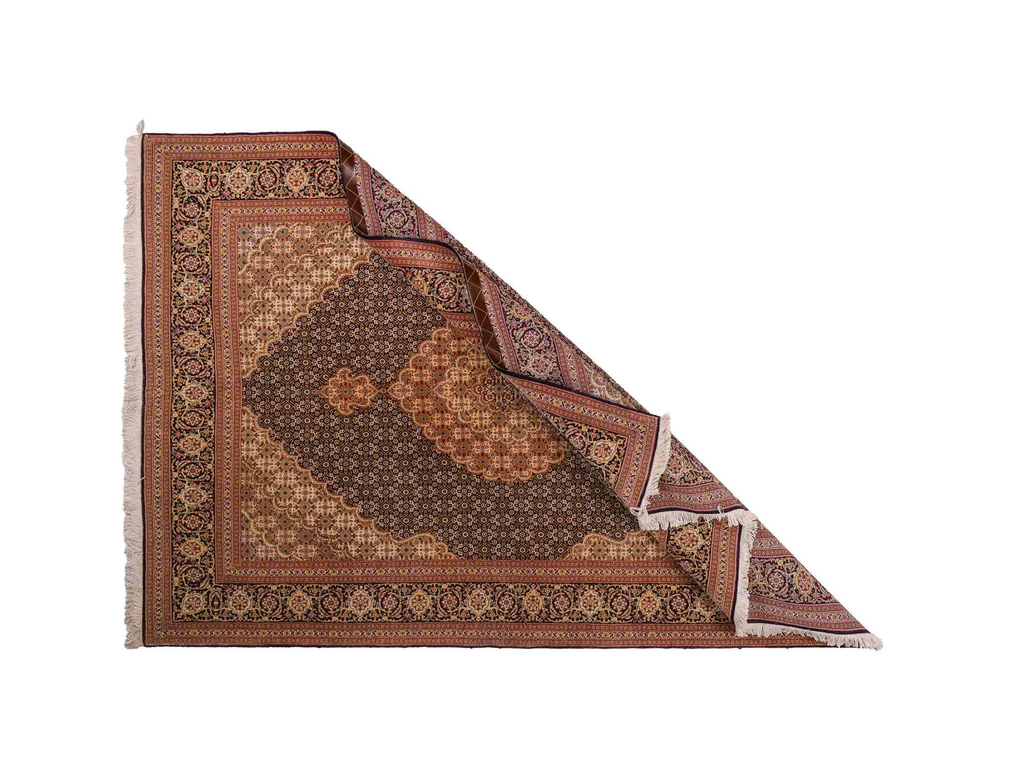 Sehr feiner, handgeknüpfter Täbriz Mahi Perserteppich aus Wolle und Seide mit Medaillon von Khademi. Größe: 220 x 157 cm. Farbe: Blau, braun. RB3-49. Verkauf durch JUPITER Intl.