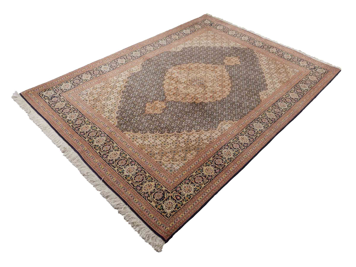 Sehr feiner, handgeknüpfter Täbriz Mahi Perserteppich aus Wolle und Seide mit Medaillon von Khademi. Größe: 220 x 157 cm. Farbe: Blau, braun. RB3-49. Verkauf durch JUPITER Intl.