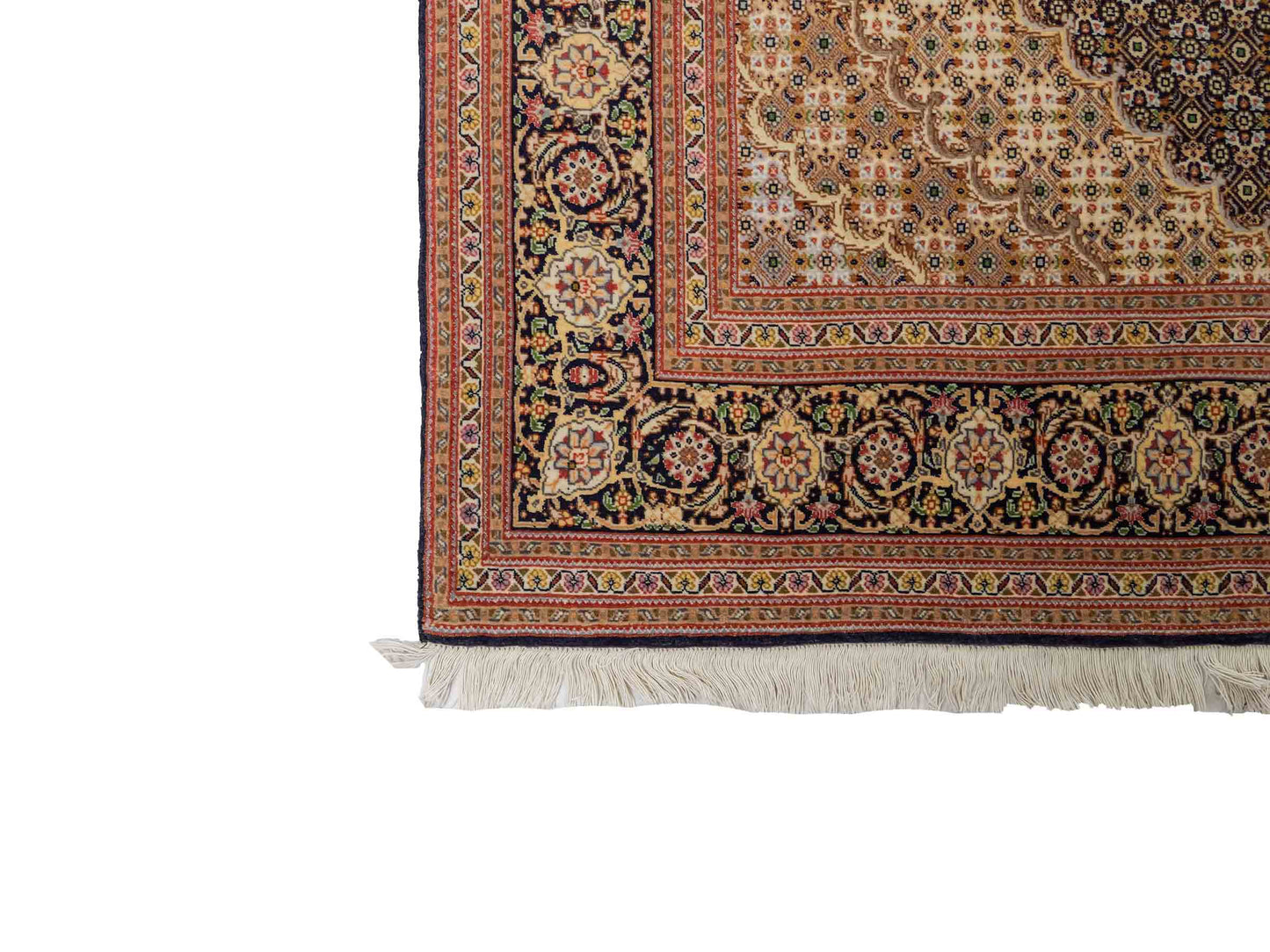 Sehr feiner, handgeknüpfter Täbriz Mahi Perserteppich aus Wolle und Seide mit Medaillon von Khademi. Größe: 220 x 157 cm. Farbe: Blau, braun. RB3-49. Verkauf durch JUPITER Intl.