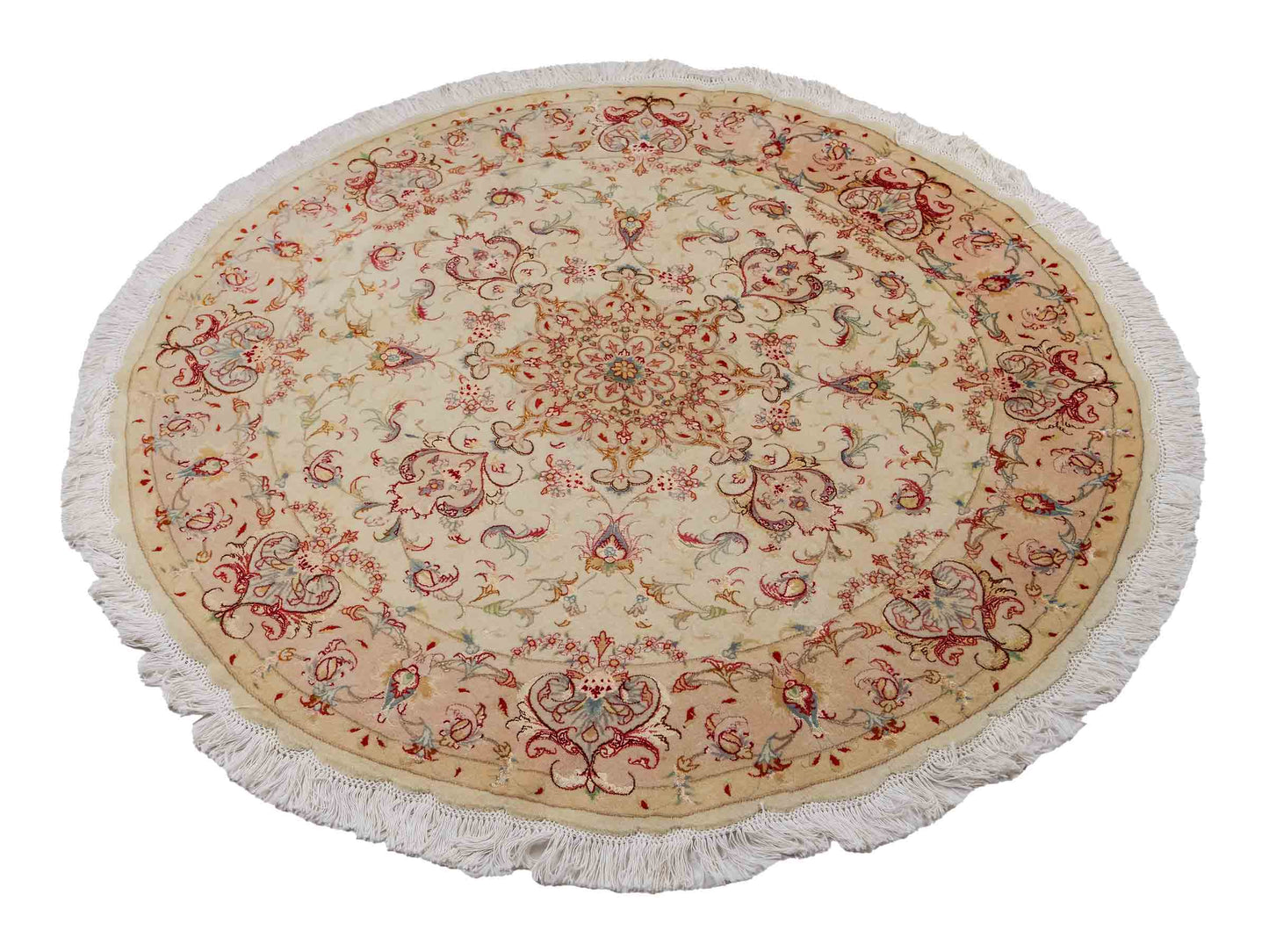 Sehr feiner, handgeknüpfter Täbriz Perserteppich aus Wolle und Seide mit von Khademi. Größe: 148 x 147cm. Farbe: Weiß, creme, rosa. Verkauf durch JUPITER Intl.