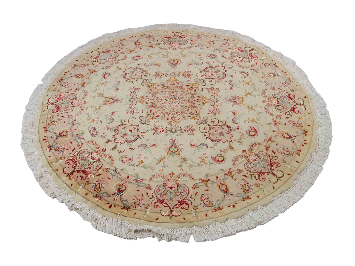 Sehr feiner, handgeknüpfter Täbriz Perserteppich aus Wolle und Seide mit von Khademi. Größe: 148 x 147cm. Farbe: Weiß, creme, rosa. Verkauf durch JUPITER Intl.