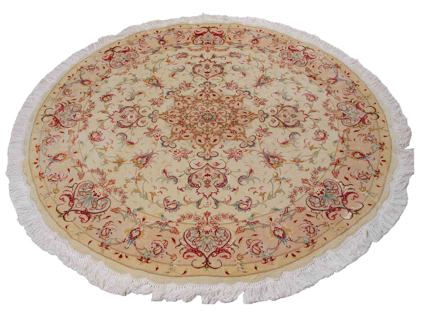 Sehr feiner, handgeknüpfter Täbriz Perserteppich aus Wolle und Seide mit von Khademi. Größe: 148 x 147cm. Farbe: Weiß, creme, rosa. Verkauf durch JUPITER Intl.