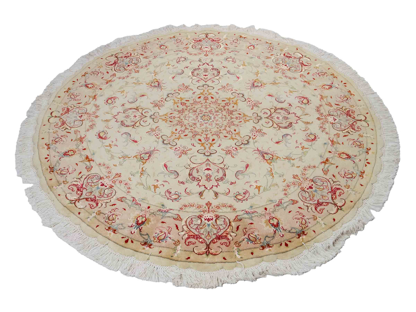 Sehr feiner, handgeknüpfter Täbriz Perserteppich aus Wolle und Seide mit von Khademi. Größe: 148 x 147cm. Farbe: Weiß, creme, rosa. Verkauf durch JUPITER Intl.