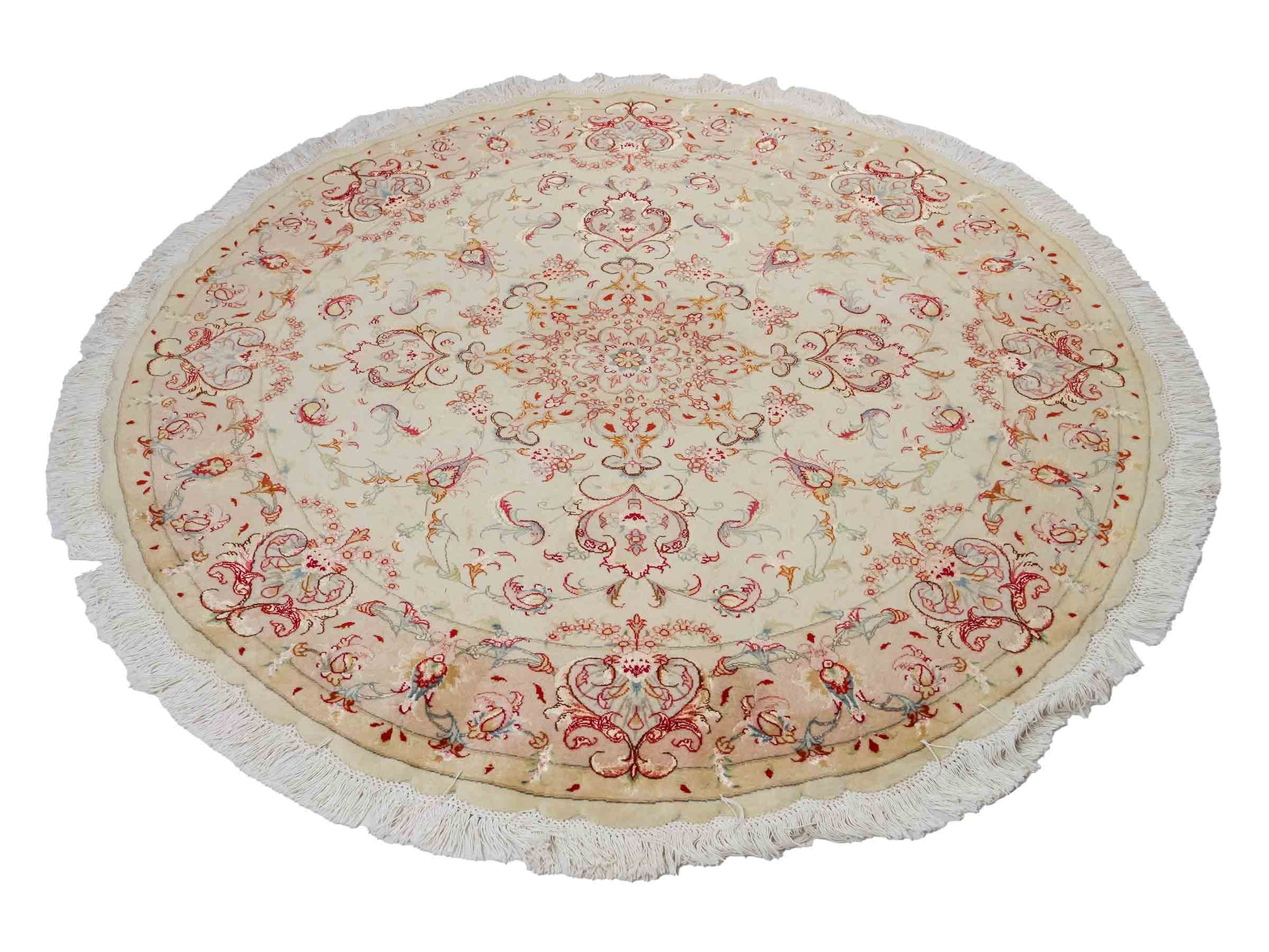 Sehr feiner, handgeknüpfter Täbriz Perserteppich aus Wolle und Seide mit von Khademi. Größe: 148 x 147cm. Farbe: Weiß, creme, rosa. Verkauf durch JUPITER Intl.