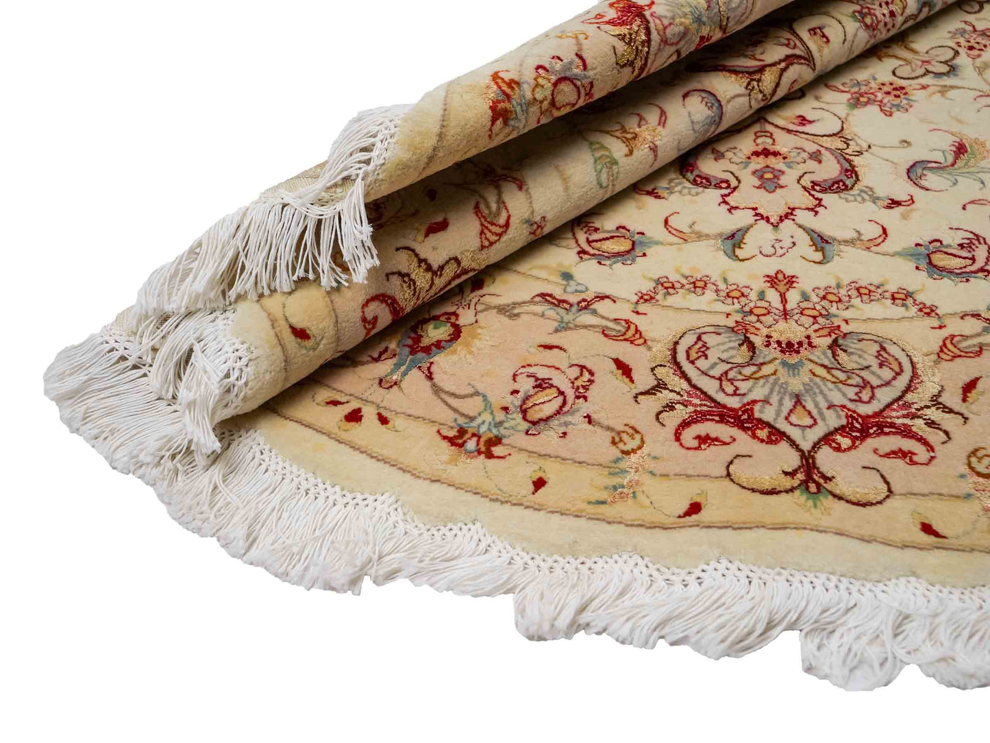 Sehr feiner, handgeknüpfter Täbriz Perserteppich aus Wolle und Seide mit von Khademi. Größe: 148 x 147cm. Farbe: Weiß, creme, rosa. Verkauf durch JUPITER Intl.
