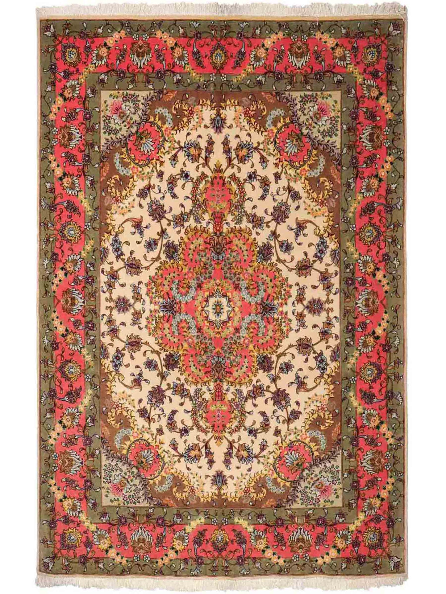 Sehr feiner, handgeknüpfter Khademi Täbriz Perserteppich aus Wolle mit Seide, creme, pink. 202x156 cm. Verkauf durch Jupiter Intl.