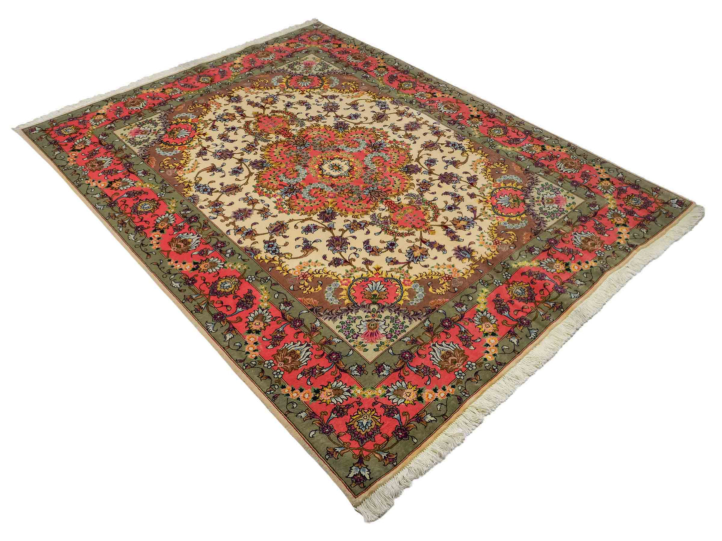 Sehr feiner, handgeknüpfter Khademi Täbriz Perserteppich aus Wolle mit Seide, creme, pink. 202x156 cm. Verkauf durch Jupiter Intl.