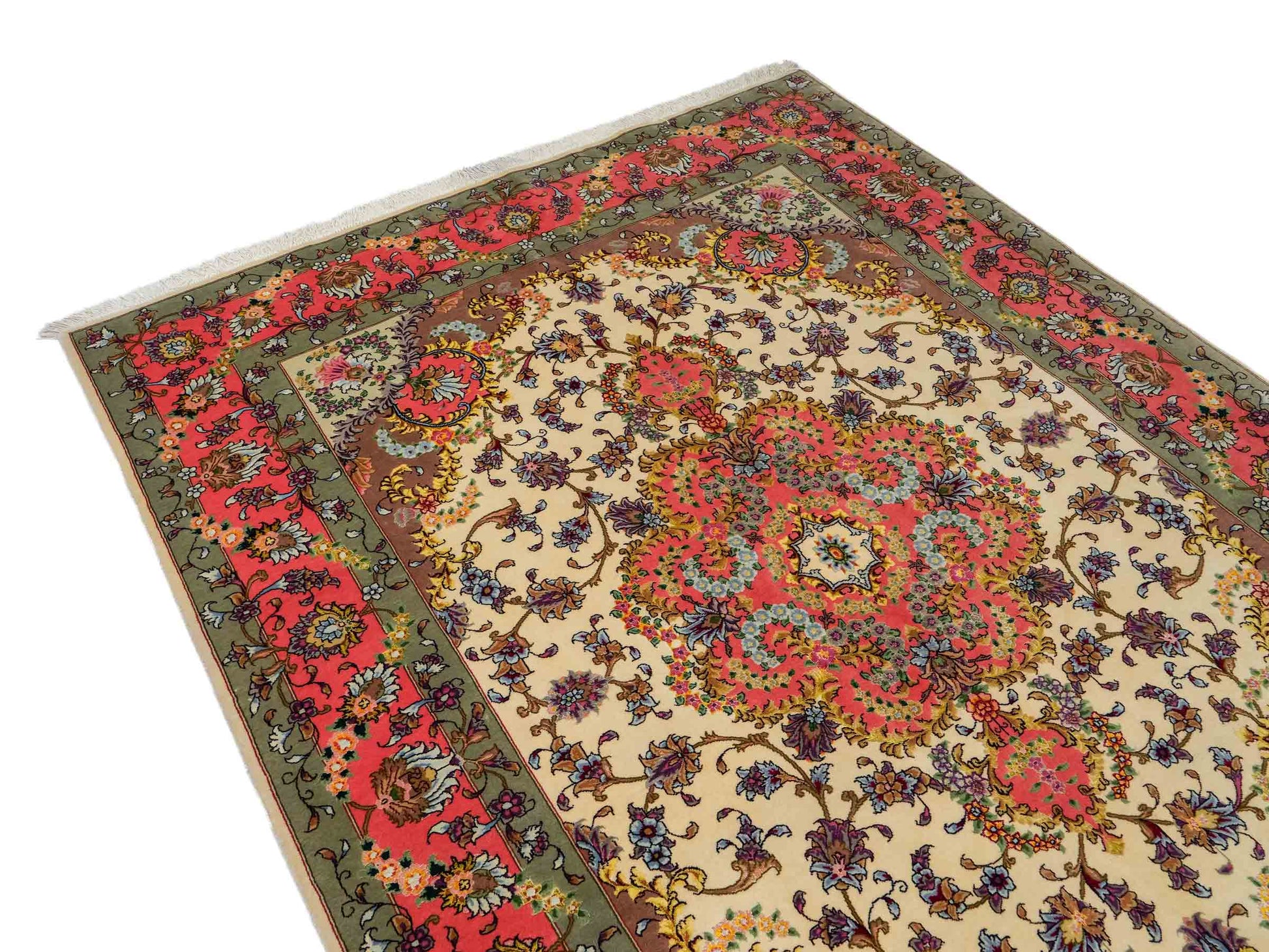 Sehr feiner, handgeknüpfter Khademi Täbriz Perserteppich aus Wolle mit Seide, creme, pink. 202x156 cm. Verkauf durch Jupiter Intl.