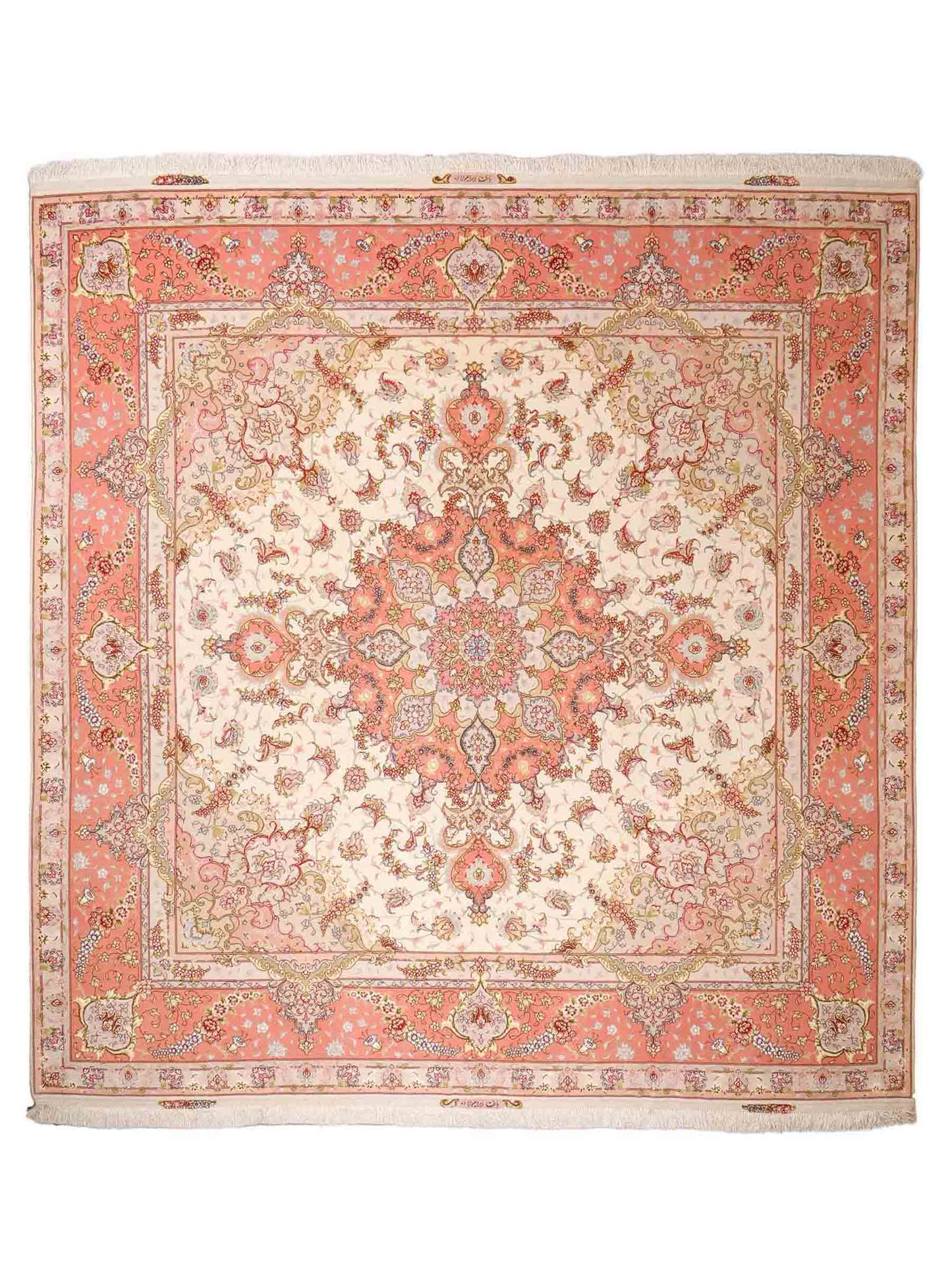 Sehr feiner, handgeknüpfter Khademi Täbriz Perserteppich aus Wolle mit Seide, creme, rosa. 264x253 cm. Verkauf durch Jupiter Intl.