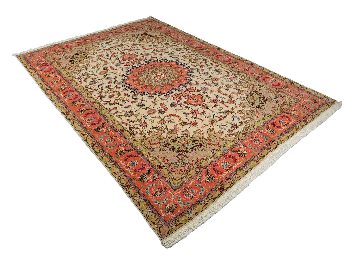 Sehr feiner, handgeknüpfter Khademi Täbriz Perserteppich aus Wolle mit Seide, creme, orange. 298x202 cm. Verkauf durch Jupiter Intl.
