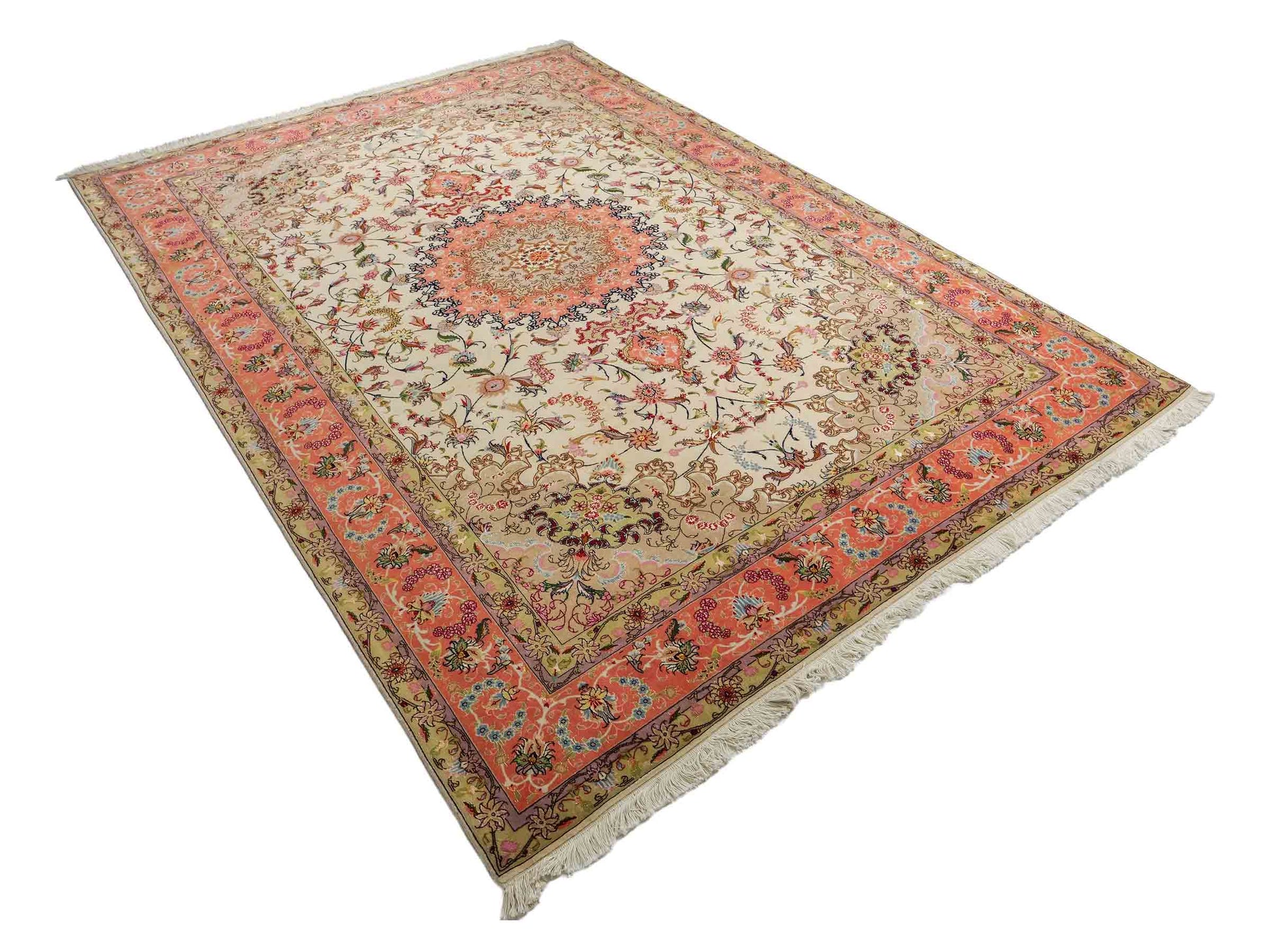 Sehr feiner, handgeknüpfter Khademi Täbriz Perserteppich aus Wolle mit Seide, creme, orange. 298x202 cm. Verkauf durch Jupiter Intl.