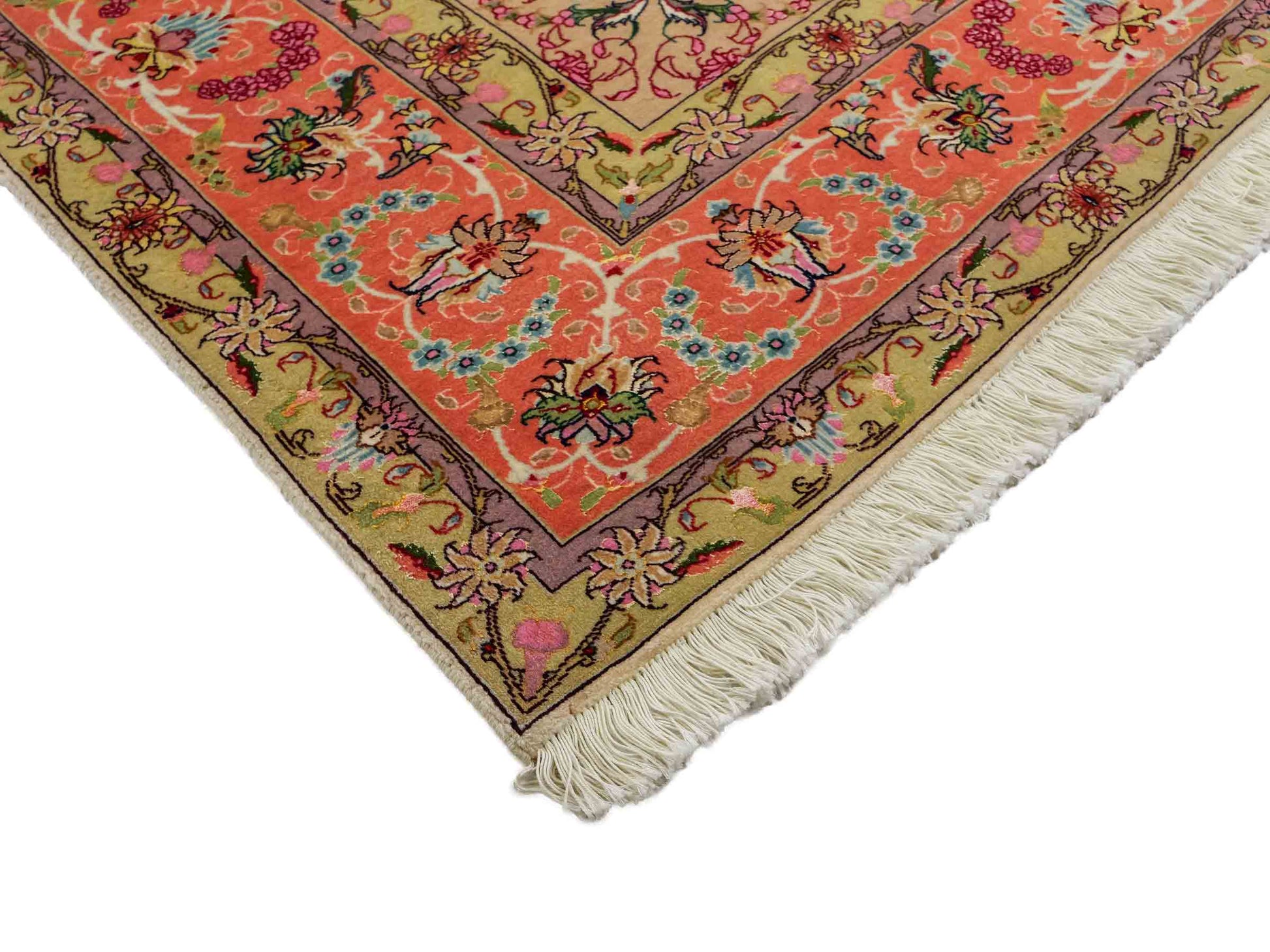 Sehr feiner, handgeknüpfter Khademi Täbriz Perserteppich aus Wolle mit Seide, creme, orange. 298x202 cm. Verkauf durch Jupiter Intl.