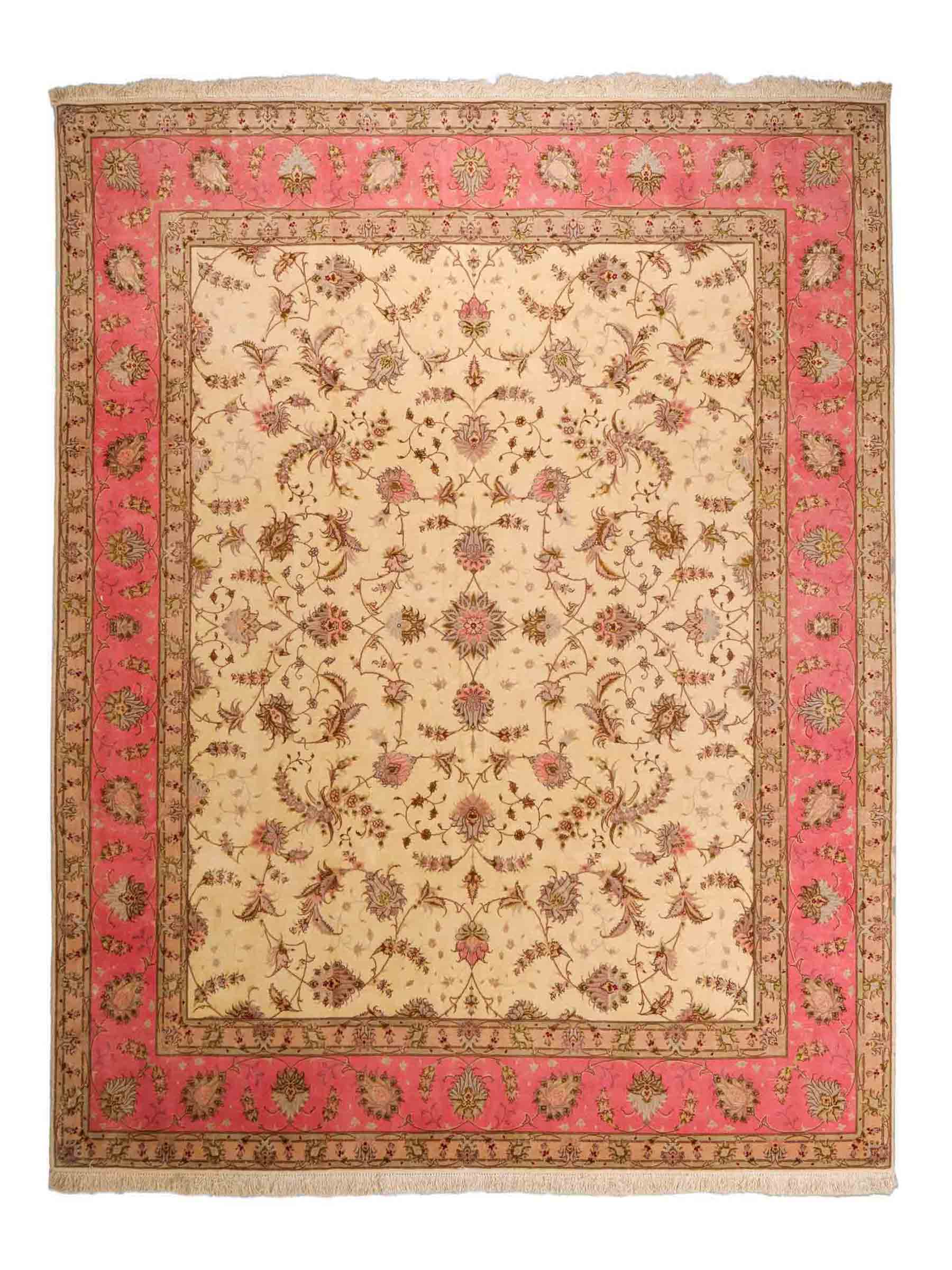 Sehr feiner, handgeknüpfter Khademi Täbriz Perserteppich aus Wolle mit Seide, creme, rosa. 306x245 cm. Verkauf durch Jupiter Intl.