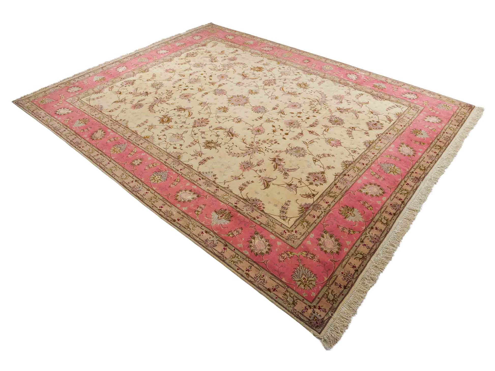 Sehr feiner, handgeknüpfter Khademi Täbriz Perserteppich aus Wolle mit Seide, creme, rosa. 306x245 cm. Verkauf durch Jupiter Intl.