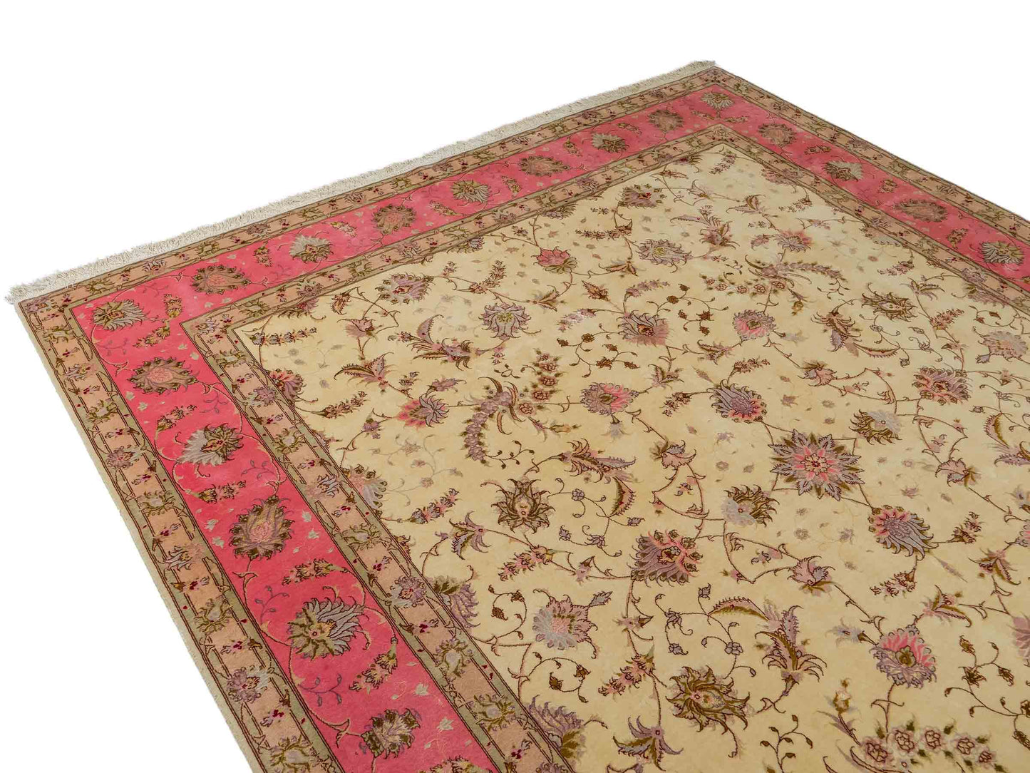 Sehr feiner, handgeknüpfter Khademi Täbriz Perserteppich aus Wolle mit Seide, creme, rosa. 306x245 cm. Verkauf durch Jupiter Intl.