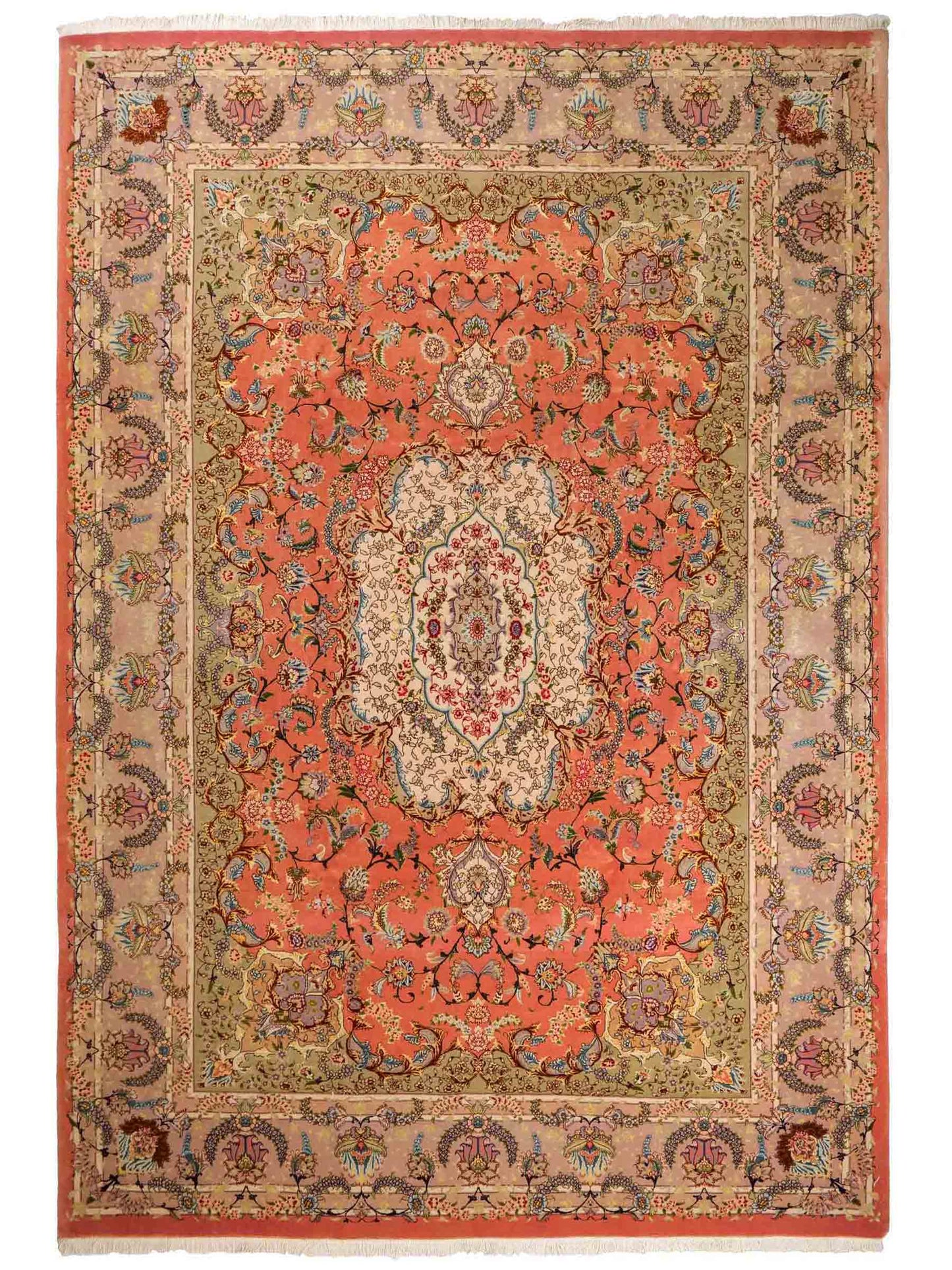 Sehr feiner, handgeknüpfter Khademi Täbriz Perserteppich aus Wolle mit Seide, orange. 344x251 cm. Verkauf durch Jupiter Intl.