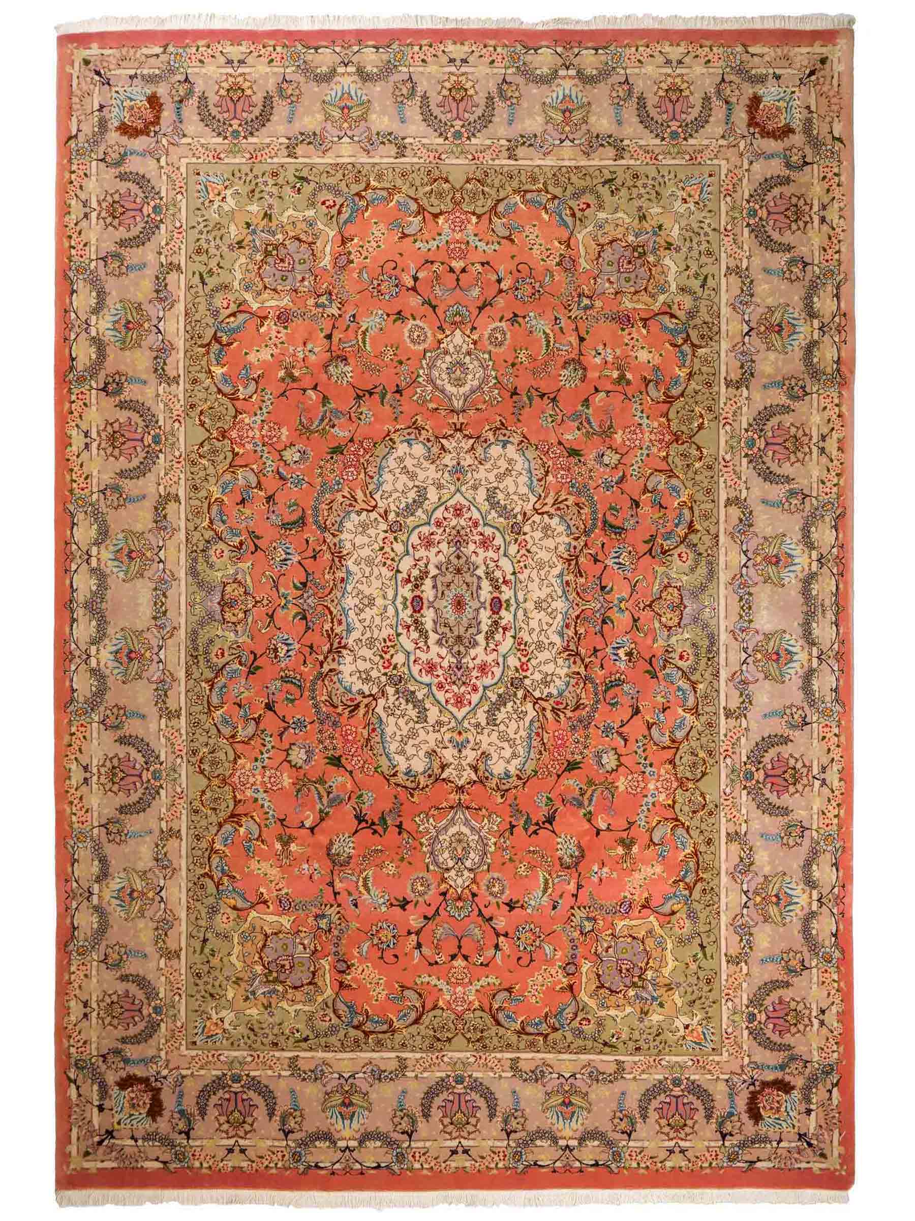 Sehr feiner, handgeknüpfter Khademi Täbriz Perserteppich aus Wolle mit Seide, orange. 344x251 cm. Verkauf durch Jupiter Intl.