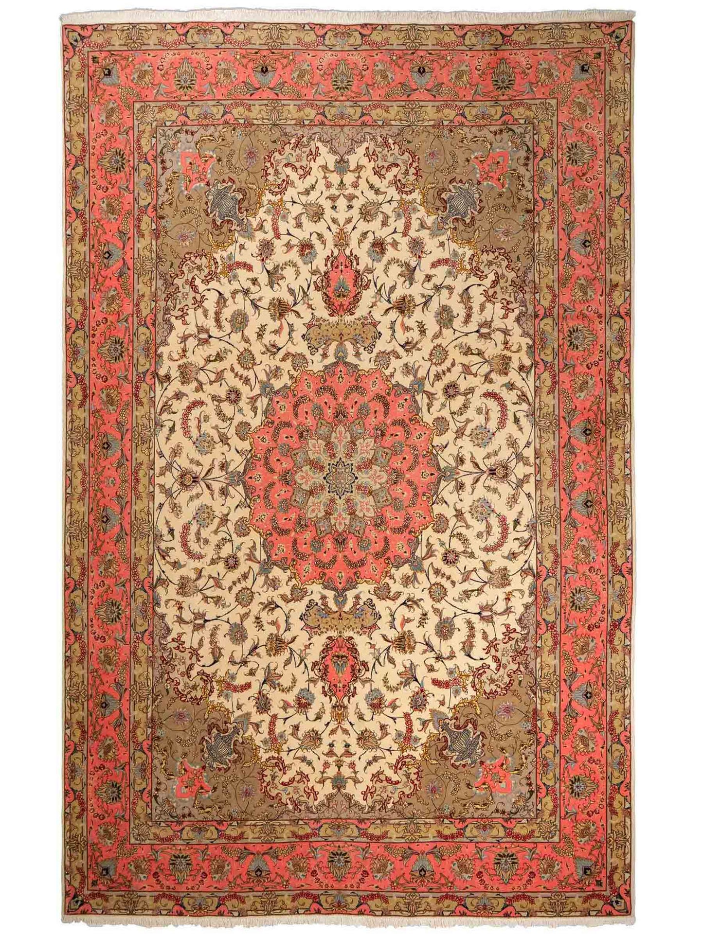 Sehr feiner, handgeknüpfter Khademi Täbriz Perserteppich aus Wolle mit Seide, creme, pink. 350x246 cm. Verkauf durch Jupiter Intl.