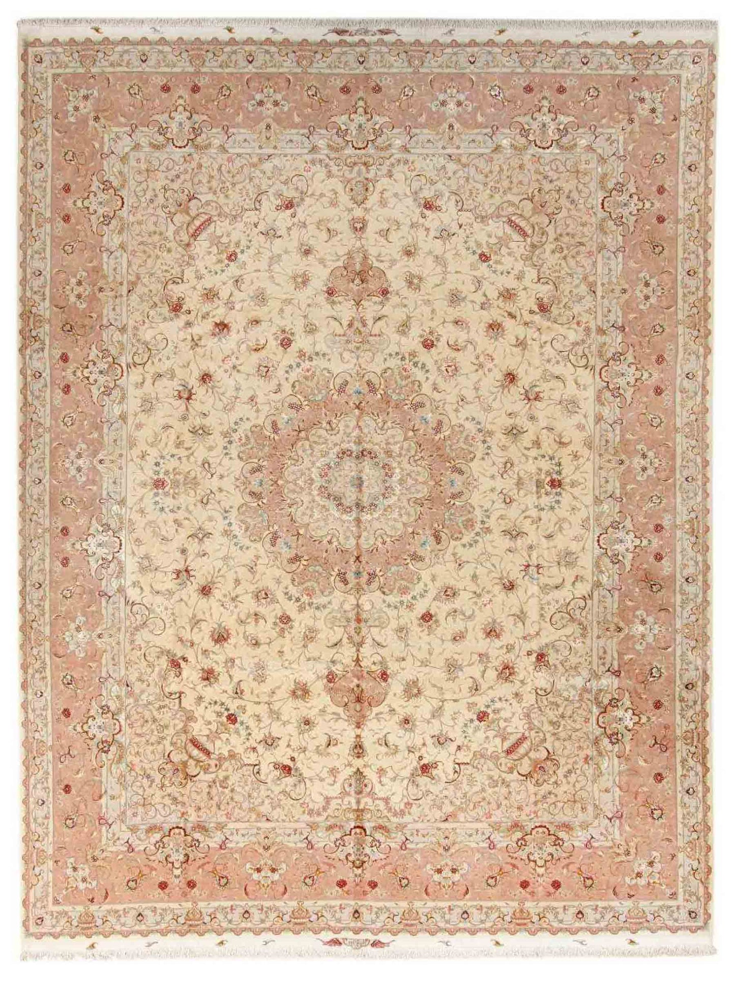 Sehr feiner, handgeknüpfter Täbriz Perserteppich aus Wolle mit Seide von Khademi, creme, rosa. 416x296 cm. Verkauf durch Jupiter Intl.