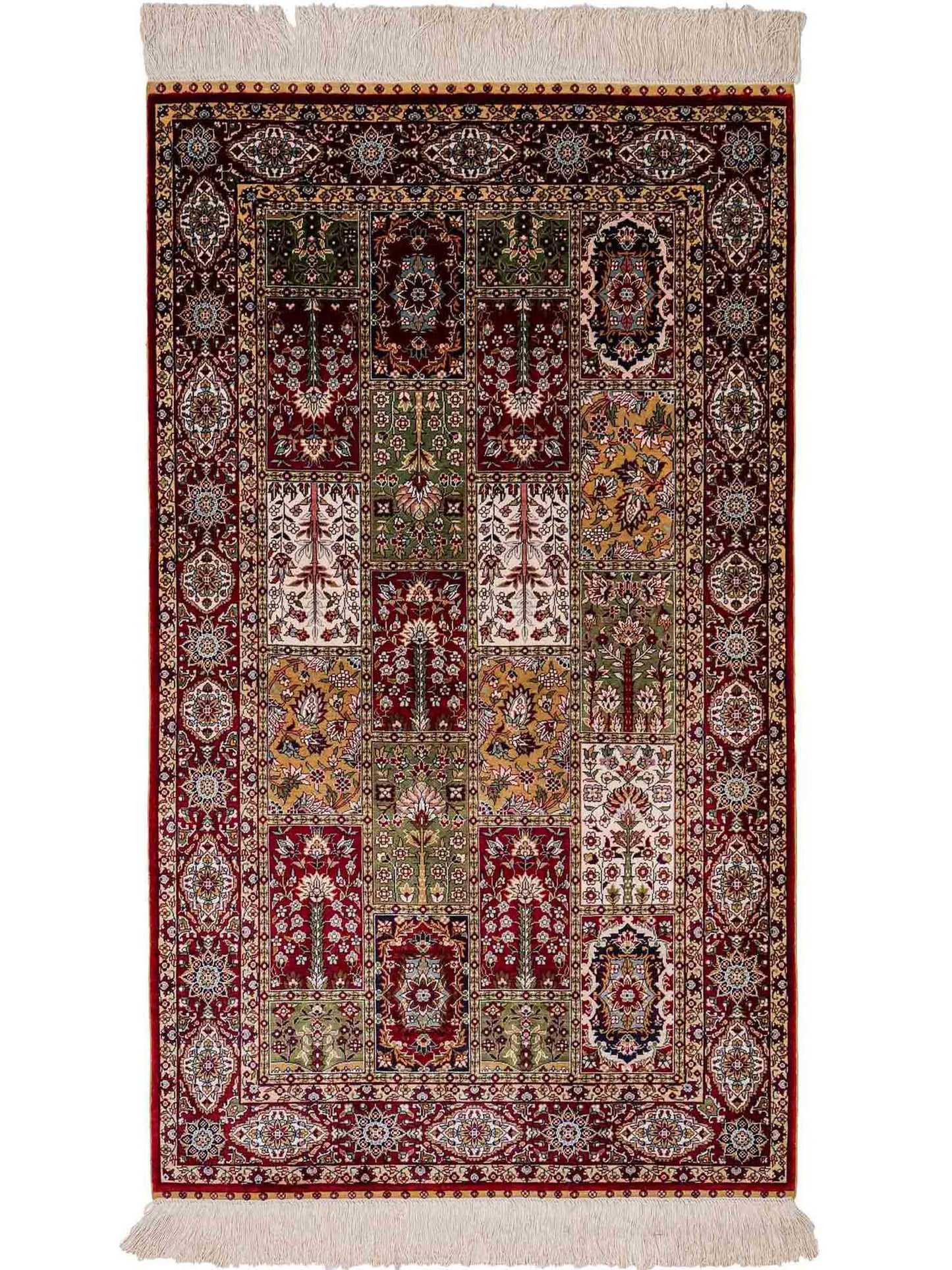 Sehr feiner, handgeknüpfter Khademi Orientteppich mit Ghom Design aus reiner Seide, rot, multicolor. 122x70 cm. Vertrieb durch Jupiter Intl.