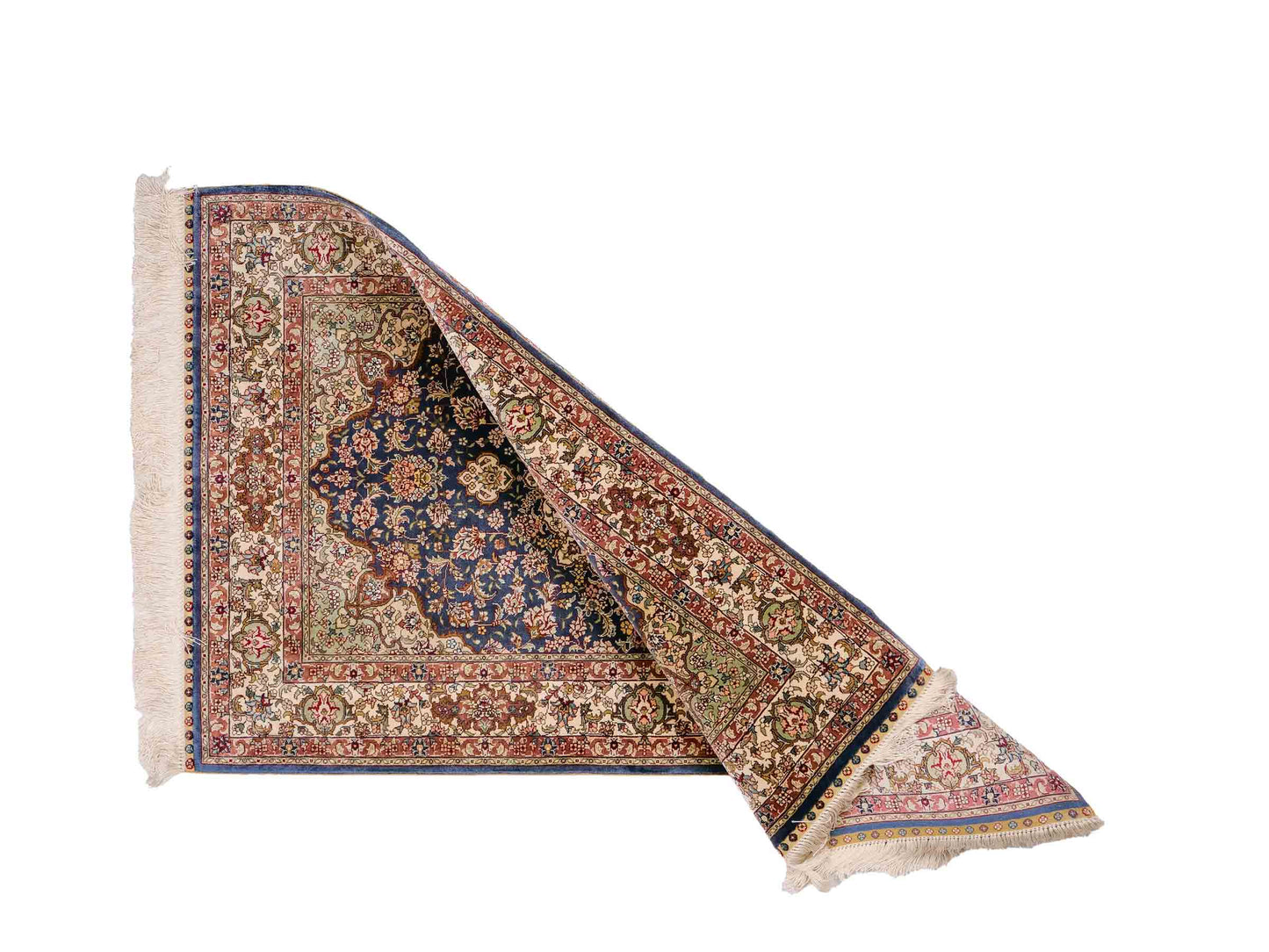 Sehr feiner, handgeknüpfter Khademi Orientteppich mit Ghom Design aus reiner Seide, blau, creme. 123x78 cm. Vertrieb durch Jupiter Intl.