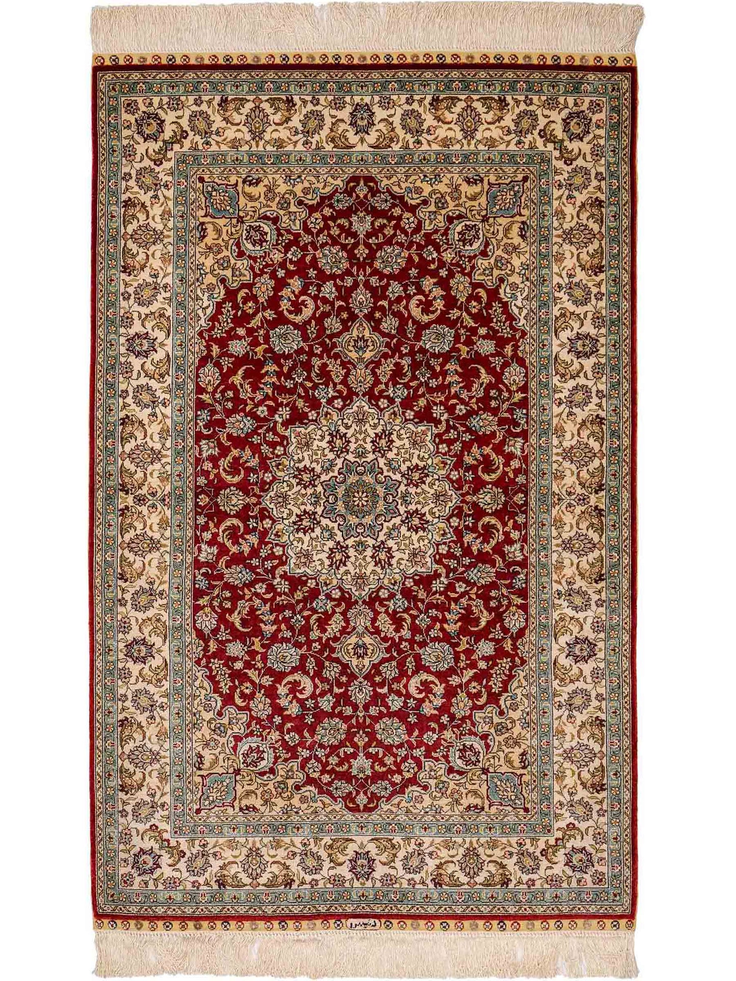 Sehr feiner, handgeknüpfter Khademi Orientteppich mit Ghom Design aus reiner Seide, rot, creme. 124x78 cm. Vertrieb durch Jupiter Intl.
